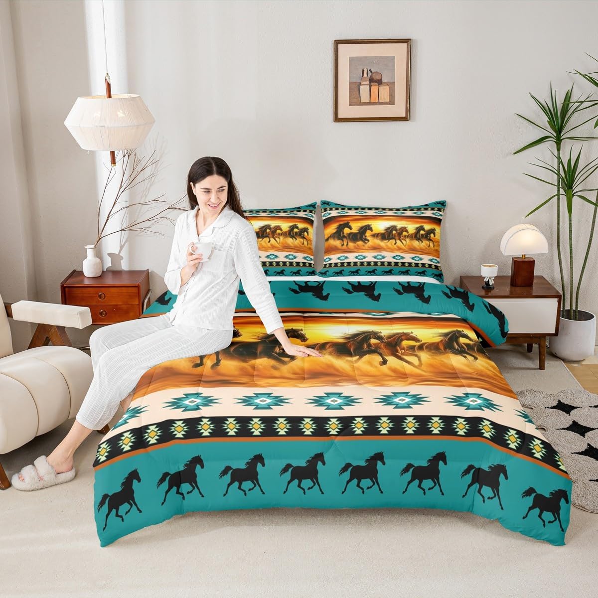 Feelyou Horse Bedding Set Queen Size Galloping Horse Comforter Set for Kids Boys Girls Decor Southwestern Aztec Boho Rustic Wild Western Farm Green Duvet Quilt Breathable Soft Bedroom Decor 3Pcs