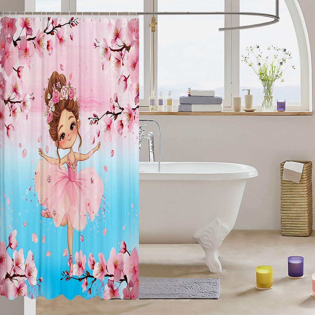 Cute Little Ballet Princess Shower Curtain Ballerina Bath Curtain 72"Wx78"L,Cherry Blossom Bathroom Shower Curtain Sets Pastel Pink Blue Floral Bathroom Accessories,Japanese Flowers Kawaii Room Decor