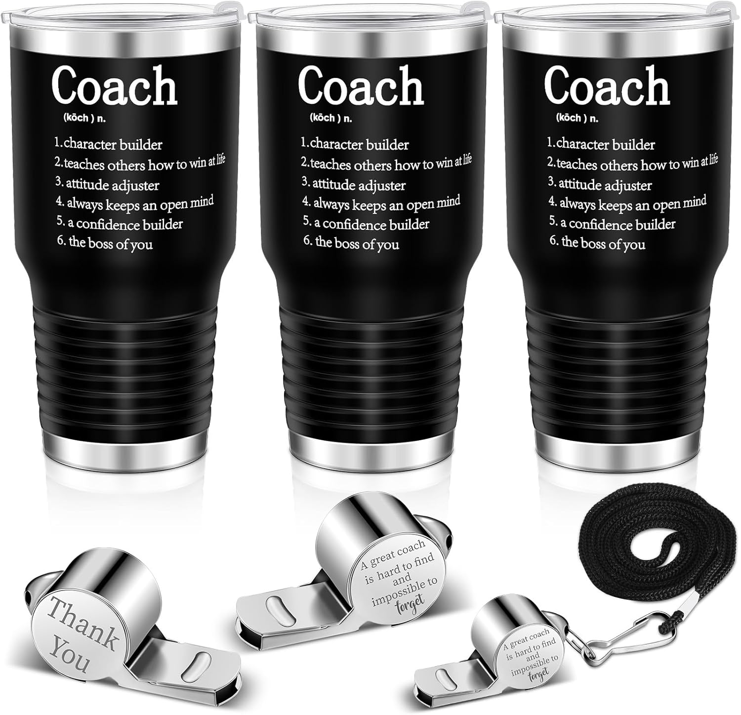 Eaasty Coach Gifts for Men Includes 30 oz Best Coach Mug and Whistle Stainless Steel Travel Tumbler with Lid for Men Women(Silver,6 Pcs)