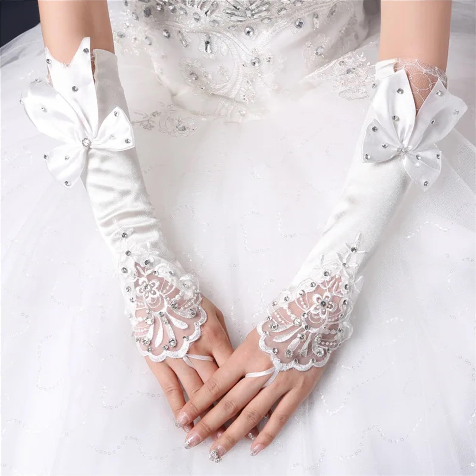 Eleganti guanti da sposa in pizzo, in raso senza dita for cene di nozze Per Cene E Feste
