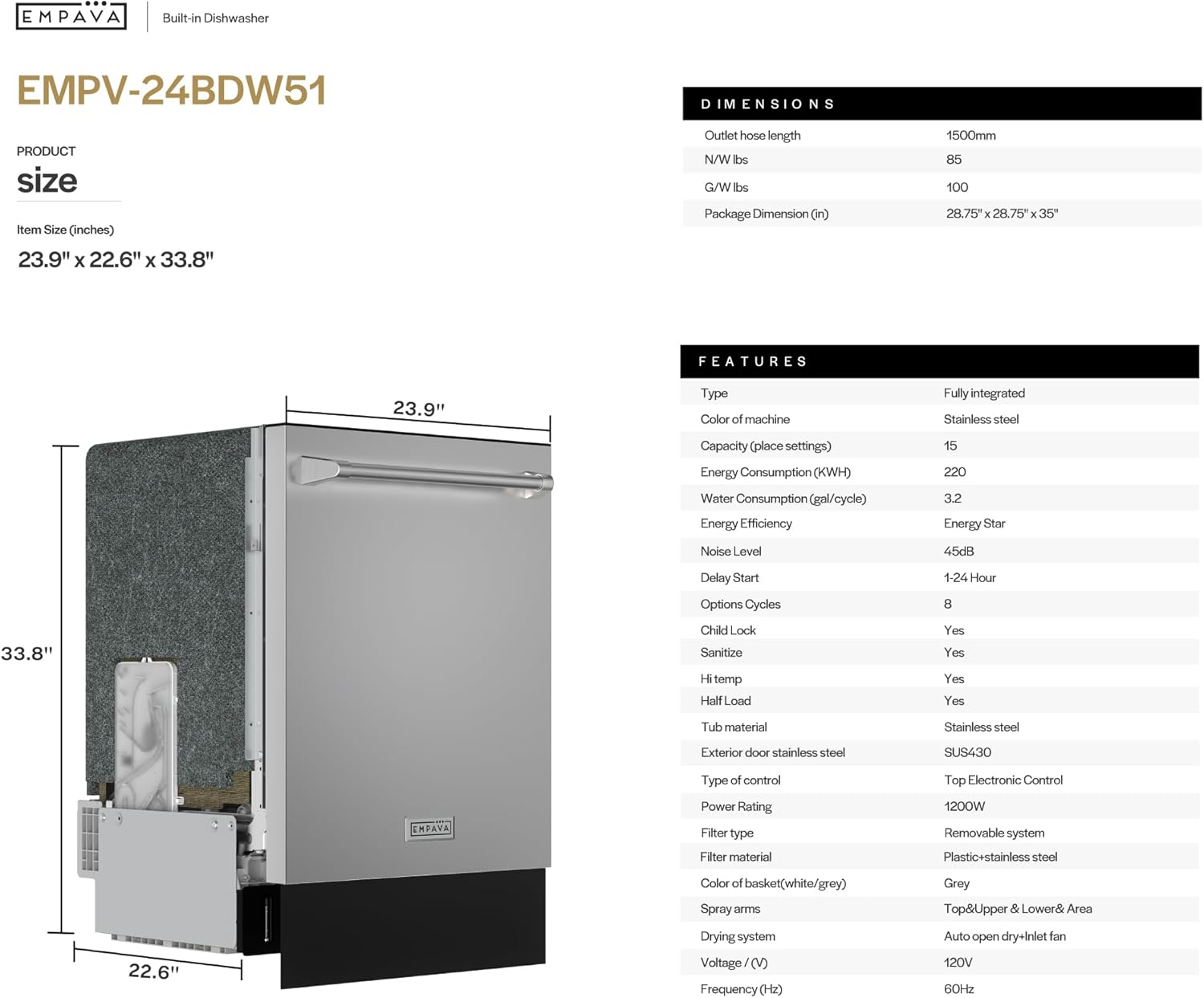 Empava BDW51 dishwasher seamlessly integrated into a modern kitchen cabinet setup