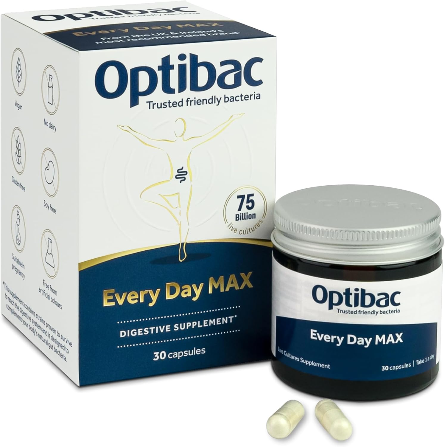 Optibac Probiotics Every Day MAX – Advanced Maximum Strength Vegan Digestive Probiotic Supplement with 75 Billion Bacterial Cultures – 30 Capsules