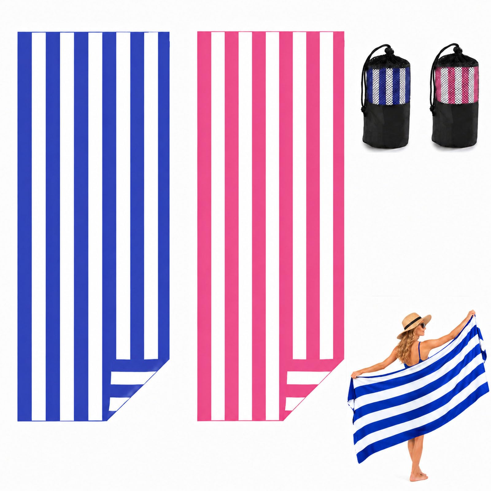 Admygo Microfibre Beach Towels for Adults - 2 Pack 180 x 90 cm Extra Large Beach Towels with Drawstring Bags, Quick Dry Lightweight Sand Free Towel for Swim, Travel, Gym (Stripe Dark Blue & Pink)