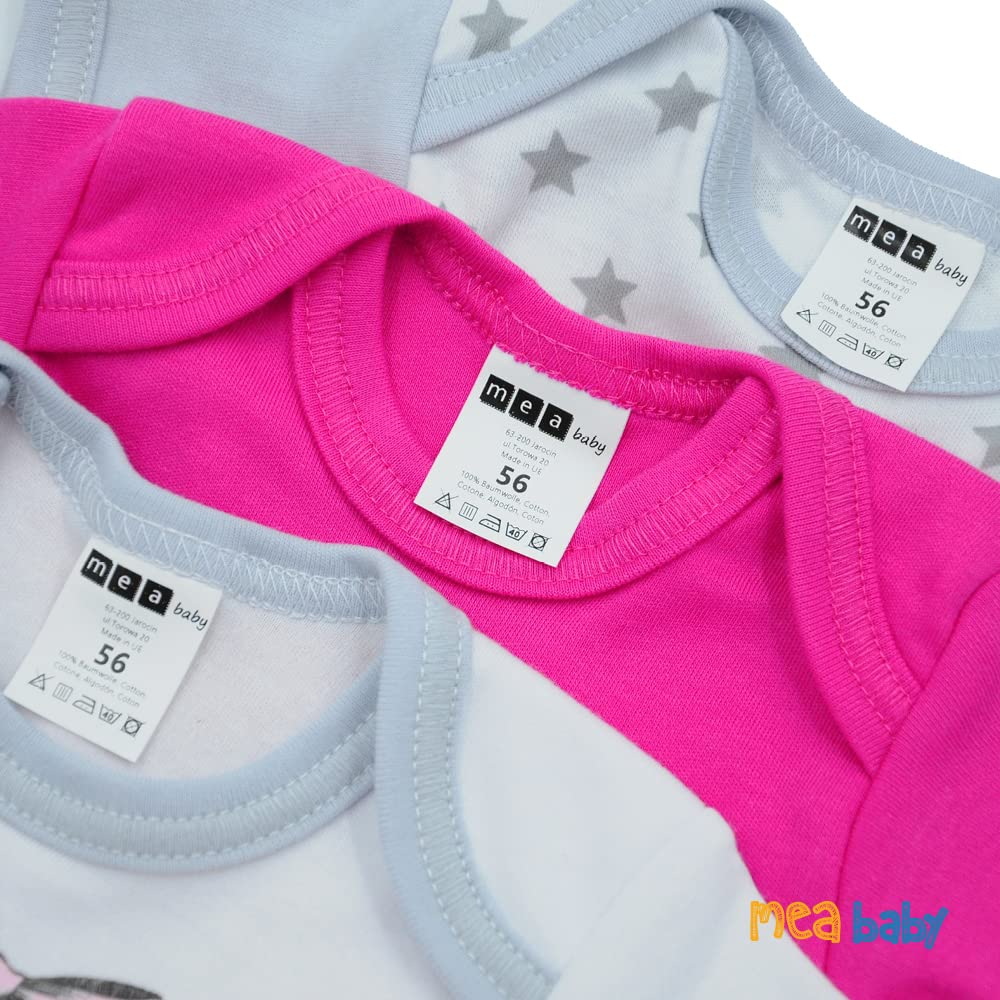 MEA BABY 5er Pack Baby Kurzarm-Body für Mädchen & Jungen aus 100% Baumwolle, Babybody Set mit Motiv und Druckknöpfen, atmungsaktiver Einteiler mit Schlupfkragen, ideale Erstausstattung