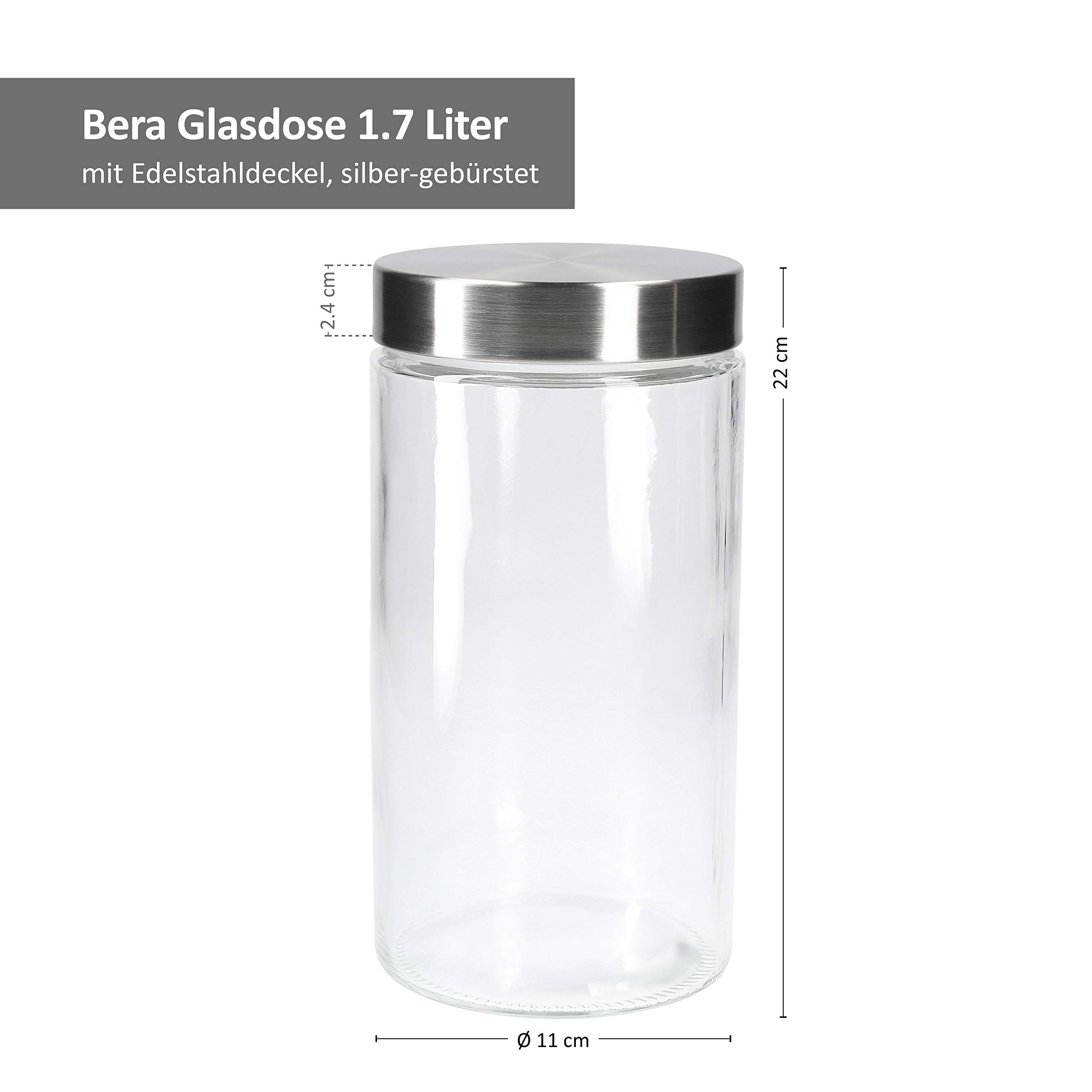 MamboCat 6tlg.-Set Vorratsglas Bera mit Edelstahldeckel Silber I Ø 11 cm I 1.7L I befüllbare Glasdosen I Runddosen I Aufbewahrungsbehälter