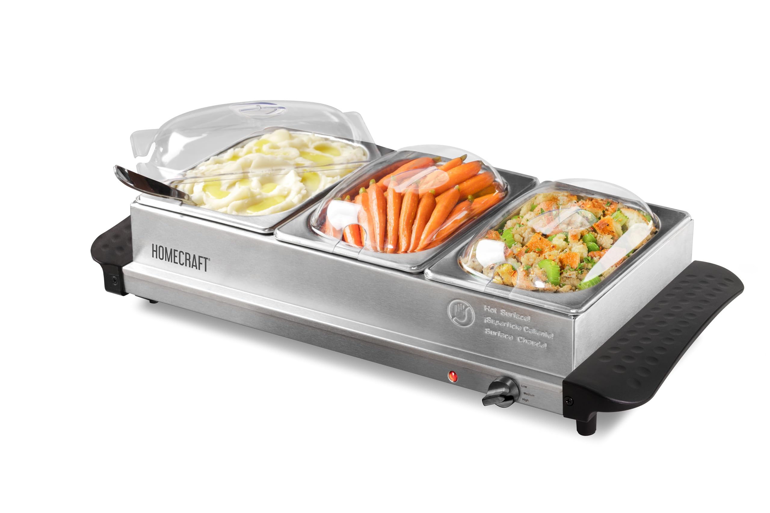 HomeCraft HCBS15SS 3-Station 1.5-Quart Stainless Steel Buffet Server Slow Cooker & Warming Tray, Adjustable Temperature, Perfect for Dinner, Appetizers
