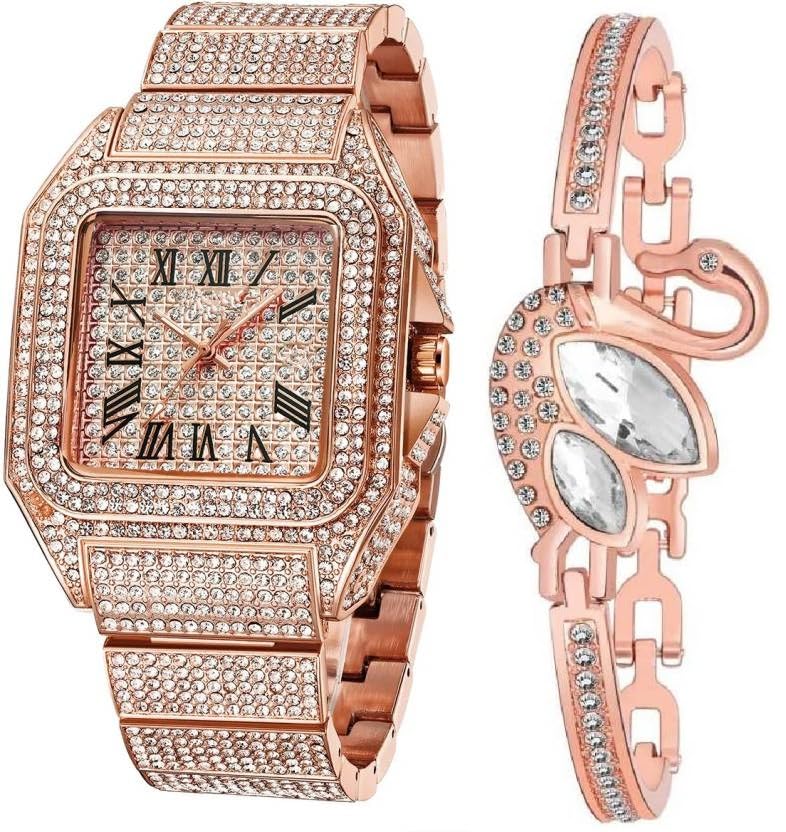 Giffemans Analogue Quartz Stone Sqaure Dial Watch with Gift Bracelet for Women or Girls and Watch for Girl or Women (Rose Gold) (B0CP55P9HQ) Amazon Price History, Amazon Price Tracker