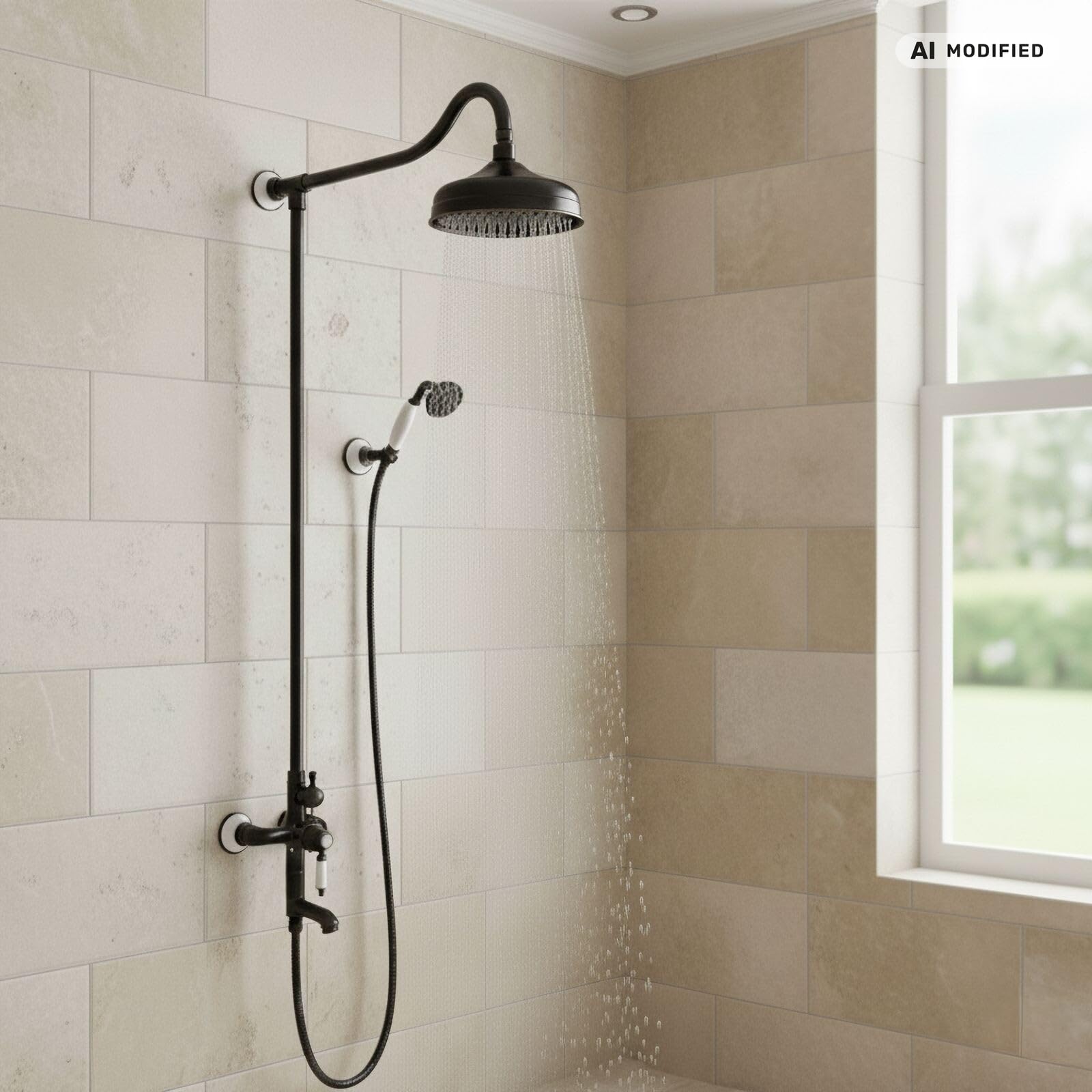 Sistema de Ducha Negro Latón Macizo Estilo Retro Nostálgico, Ducha de Cabeza 20 cm y Ducha de Mano, Montaje en Pared