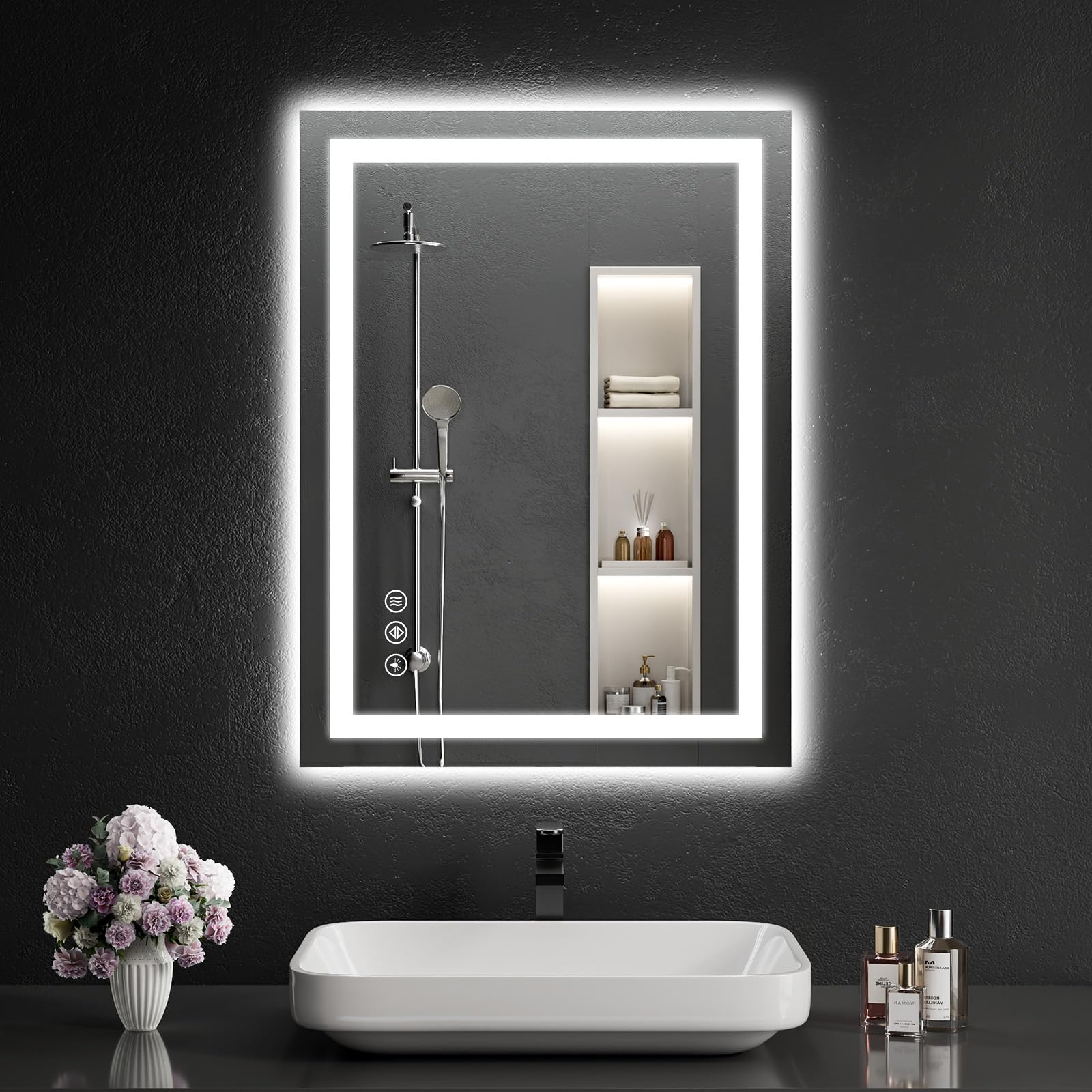 Smart LED Right Angle Bathroom Mirror -24“x32 Dimmable Touch Sensitive Wall Mounted Frameless Mirror, Backlit Waterproof Design, Modern Wall Mounted Frameless Makeup Mirror for Bathroom and Vanity