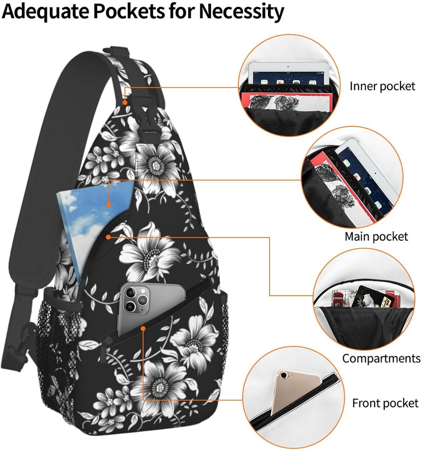 Black White Flowers Crossbody Sling Bag for Women Men Abstract Monochrome Flower with Tropical Leaves Travel Sling Backpack Casual Shoulder Bag Botanical Floral Print Sports Hiking Daypack - Image 3