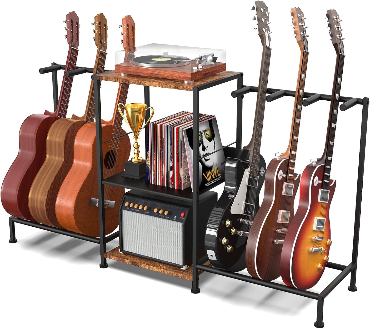 Guitar Stand for Acoustic Multiple Guitars Holder with 3-tier Storage Shelf, Guitars Display Rack Guitar Amp Accessories with Soft-Padded Protect Multi Guitar Stand for Home Studio Music Room