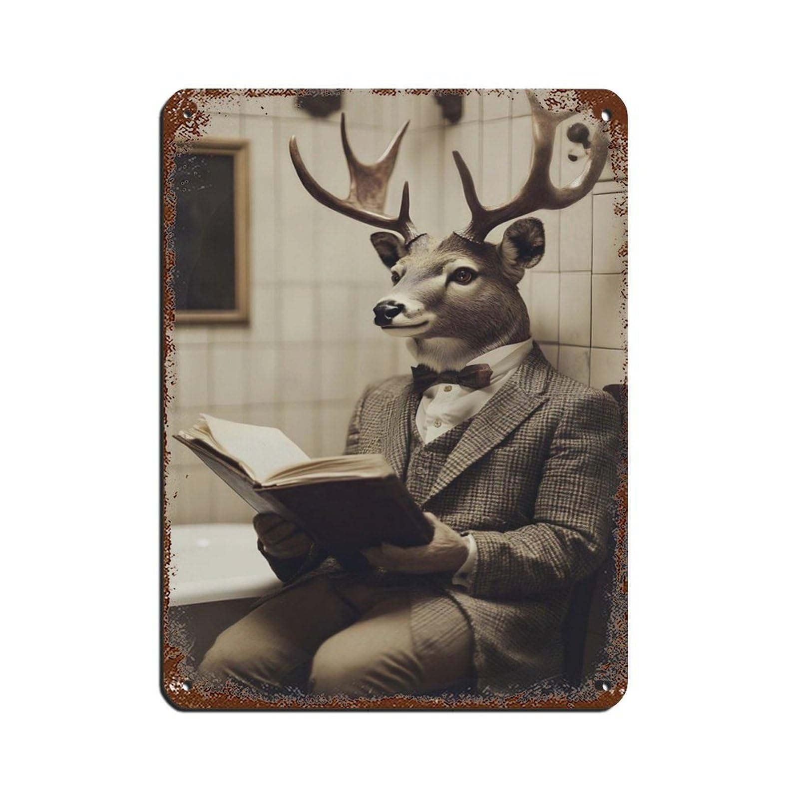 Deer Reading in Bathroom Tin Sign Vintage Metal Pub Club Cafe Bar Home Wall Art Decoration Poster Retro 12x16inch(30x40cm)