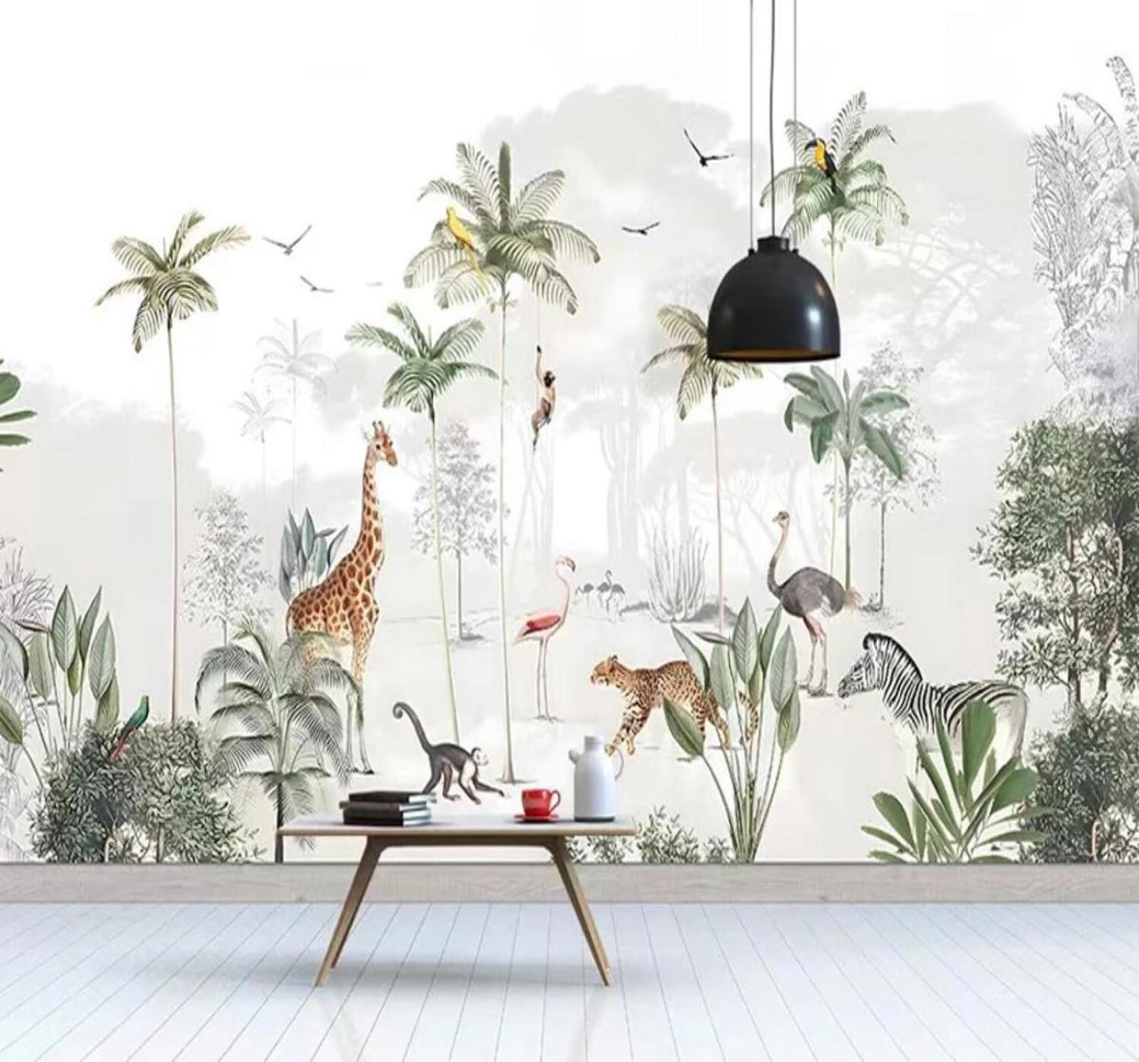 Tzxztt 150Cm×105Cm(B×H) Palm Tree Leaves Jungle Nursery Cartoon Animals Modern 3D Wallpaper Premium Textured Silk Neutral Tones Material Ideal For Living Room Bedroom-150Cm×105Cm