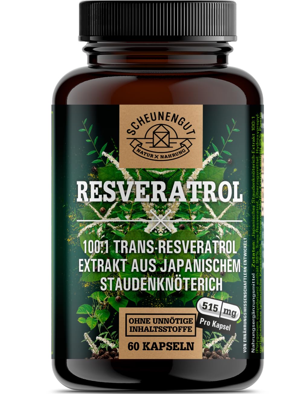 Resveratrol 1000mg -WICHTIG: 100:1 Extrakt (=100000mg jap. Staudenknöterich Wurzel je Tagesdosis) +Piperin -98% Trans-Resveratrol Hochdosiert- Laborgeprüft +Vegan DE SCHEUNENGUT®