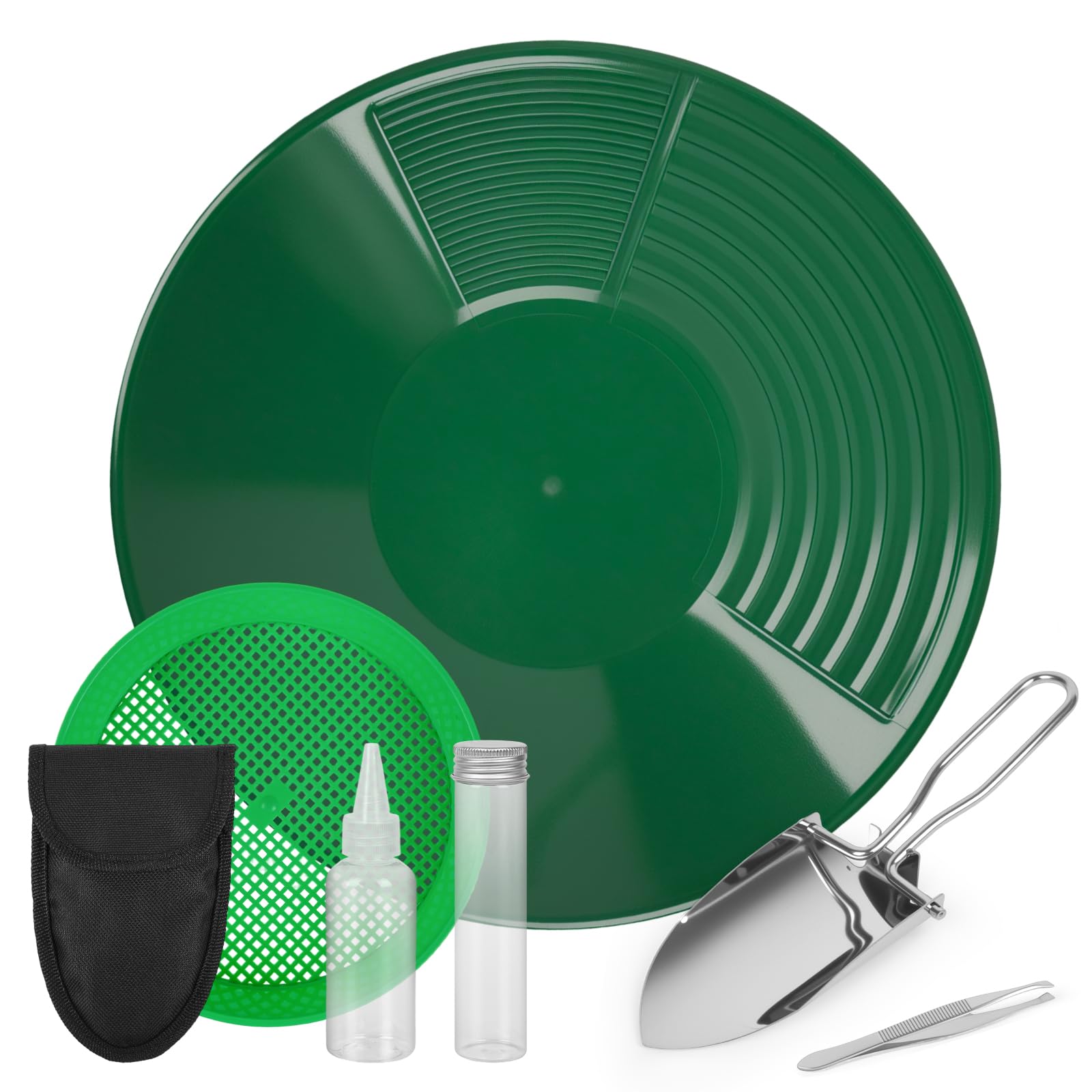 Kit Orpaillage 38.5cm Batee Orpaillage Gold Pan Rampe avec Tamis Plastique pour Chercheur d'Or Vert