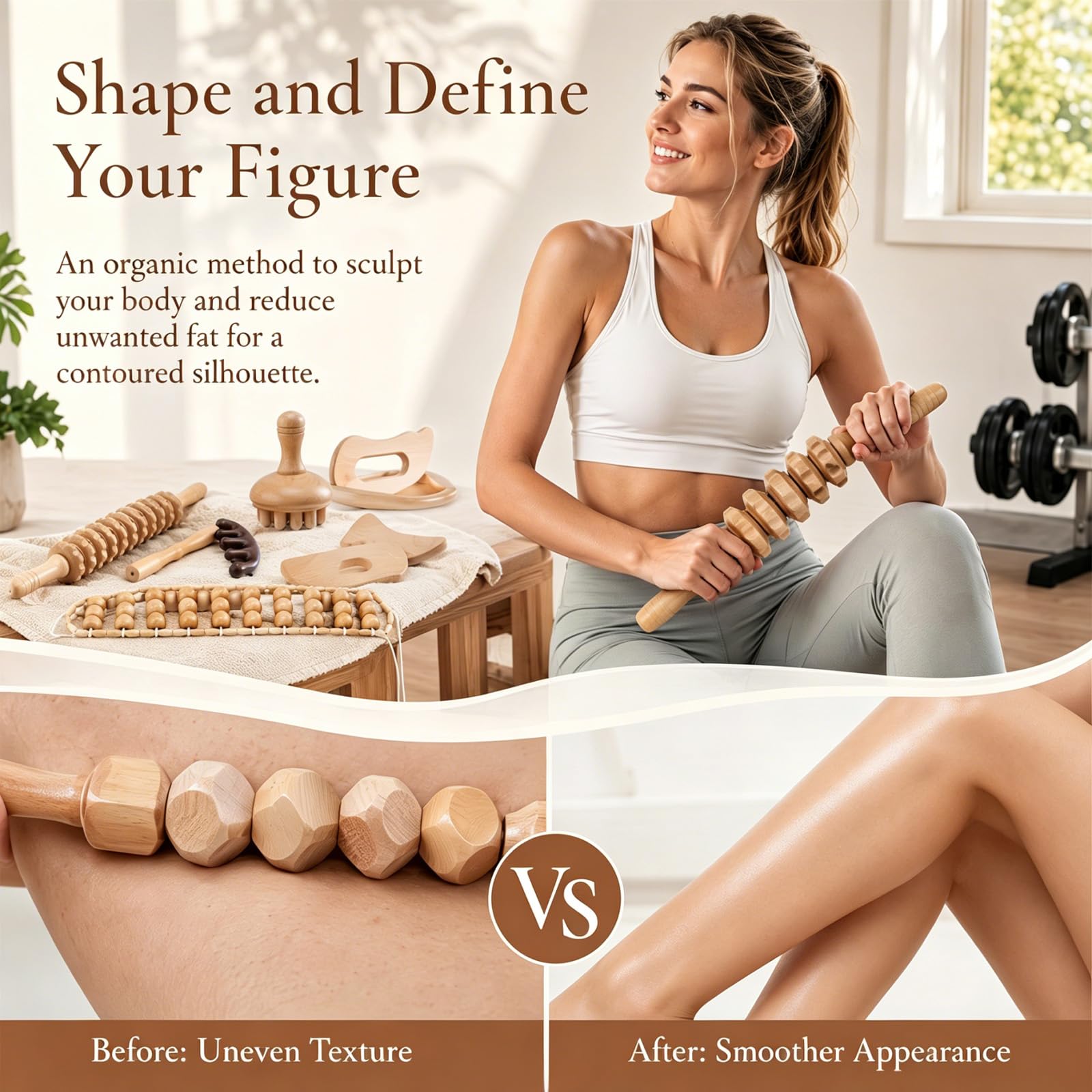 Set massaggiatore in legno, 8 in 1, per modellare il corpo, drenaggio linfatico, anti-cellulite, rullo per massaggio Gua Sha per tutto il corpo
