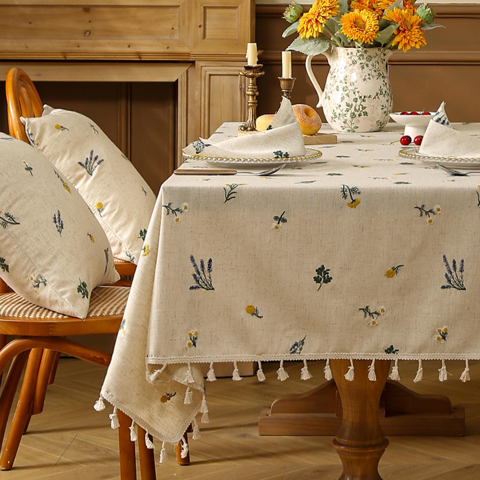LOHUT Linen Embroidered Tablecloth – Vintage Daisy Design with Tassels, Boho & Modern Rectangular Tablecloth for Dining, Coffee, Round, or Picnic