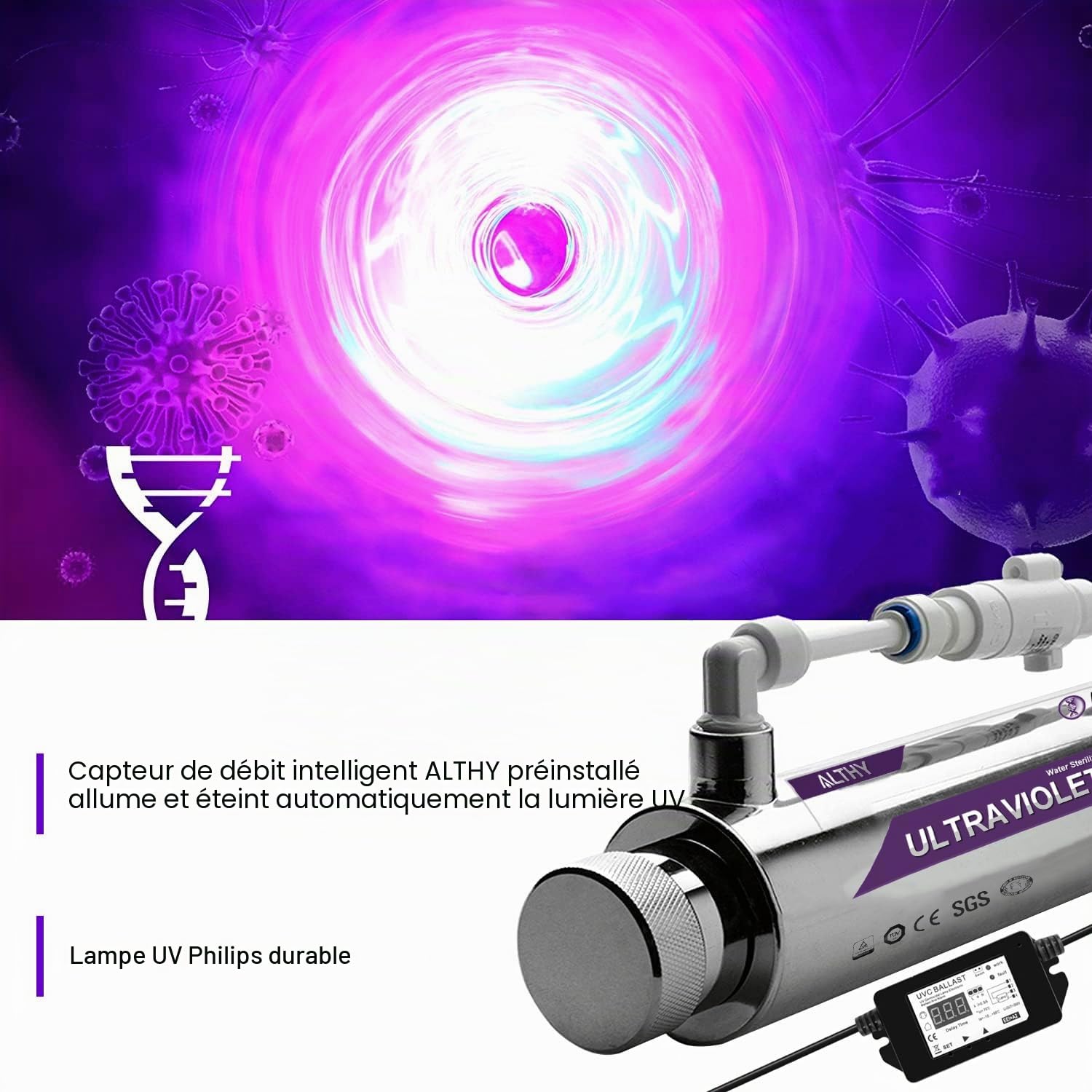 ALTHY UVF-FS11 Filtre à eau ultraviolet | Stérilisateur d'eau UV pour purificateur | sous-évier ou osmose inverse, capteur de débit intelligent | 1 GPM, 110-240 V, 11W