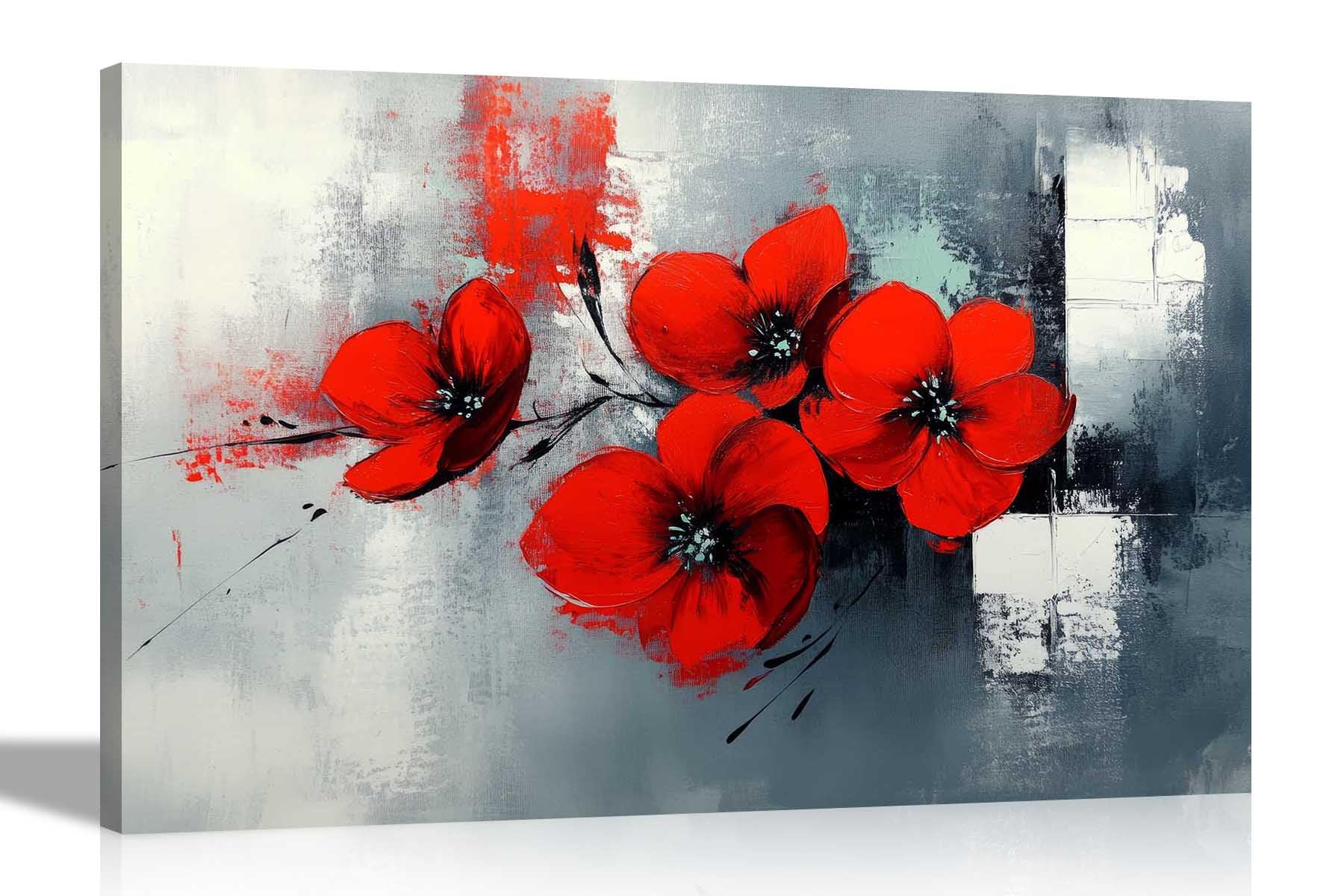 Artley Prints Abstract Red Flowers Branch - Abstract Red Flowers Rustic Grey Framed Canvas Pictures Flower Print For Living Room Décor Nature Home Office 76 X 50Cm (30 X 20 Inches)