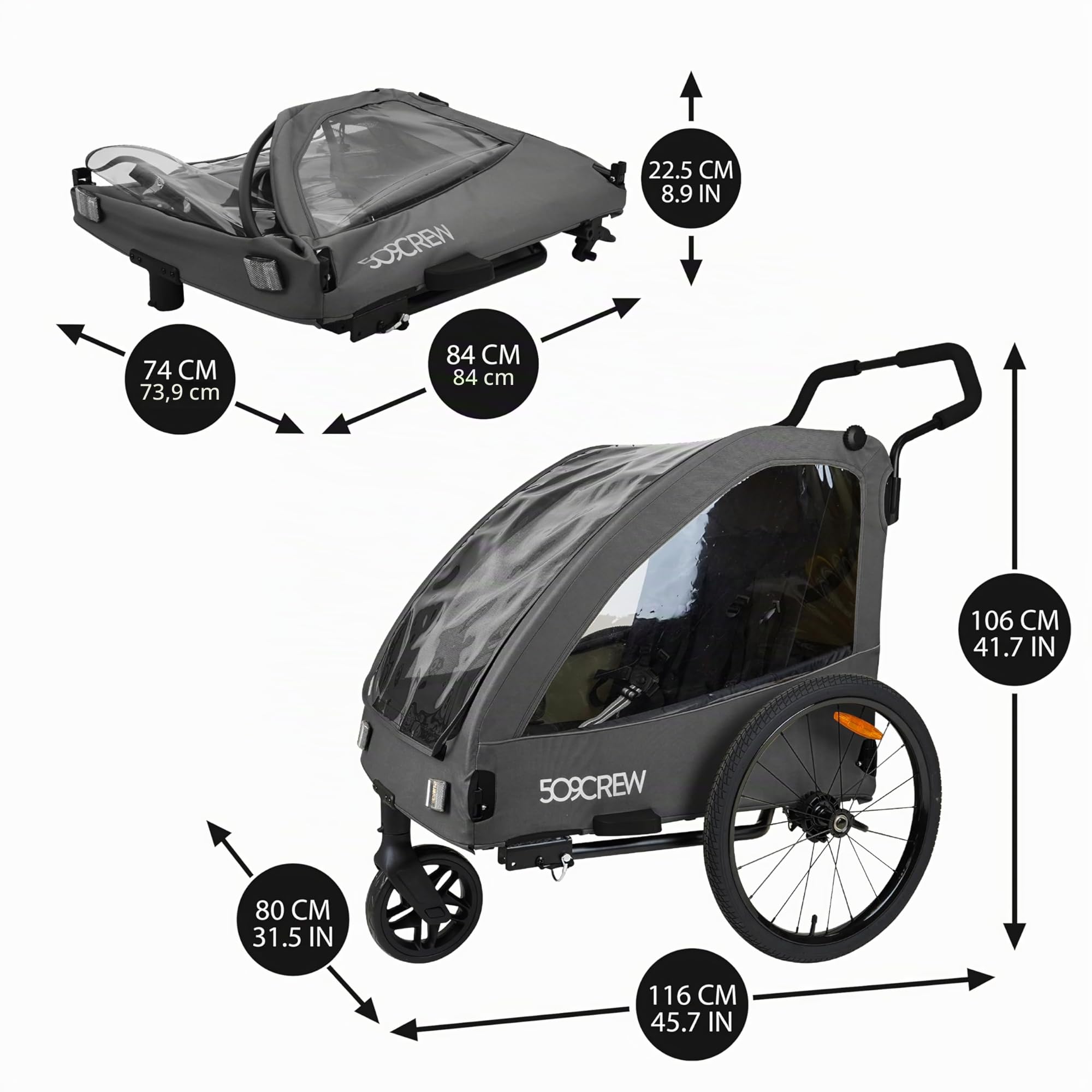 509 Trailer II, Multi Use Bicycle Trailer for Kids from 6m Up, for Pet, for Cargo, Convertible to 3-Wheel Push Wagon, Max Load 50kg, Include Raincover