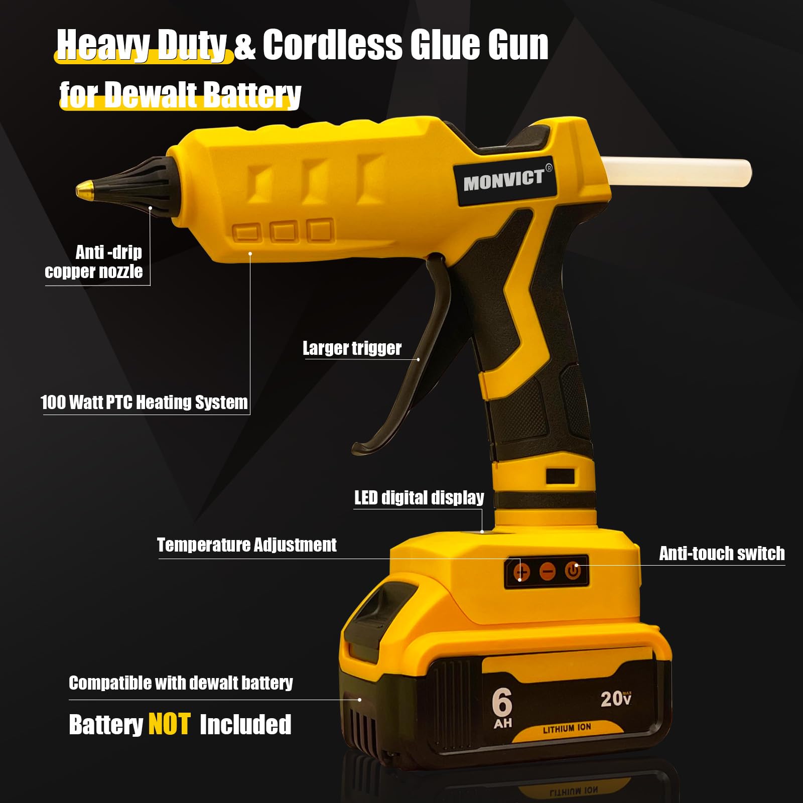 Monvict Pistola de pegamento caliente inalámbrica con pantalla digital de temperatura, construcción resistente, color amarillo
