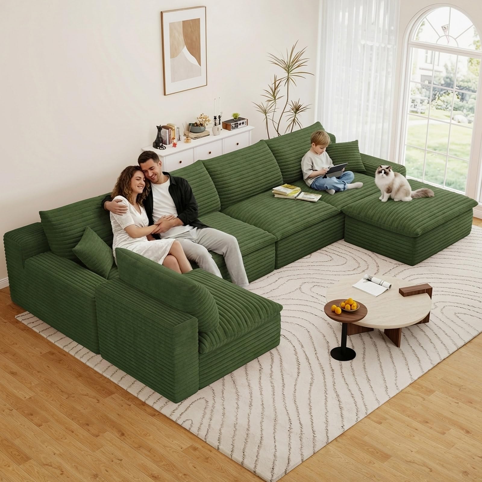 136" Cloud Couch Modular Sectional Sofa for Living Room, U-Shape Boneless Couch with Deep Seat, Modern Corduroy 5-Seater with Ottoman, No Assembly Required, Green
