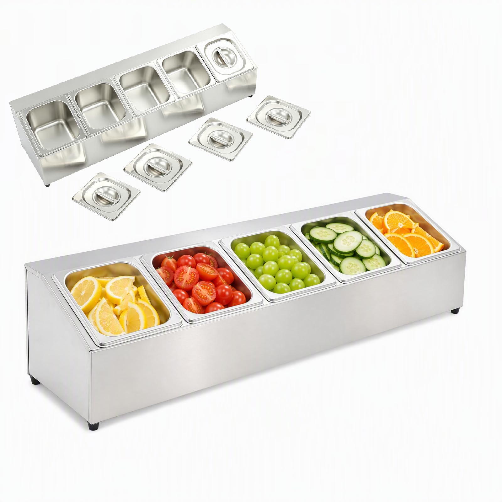 Contenitore per ingredienti in acciaio inox con coperchio, 5 scomparti, GN 1/6, con inserti rimovibili, piedini in gomma, 4,3 kg, 86 x 22,5 x 22 cm, lavabile in lavastoviglie, per gastronomia