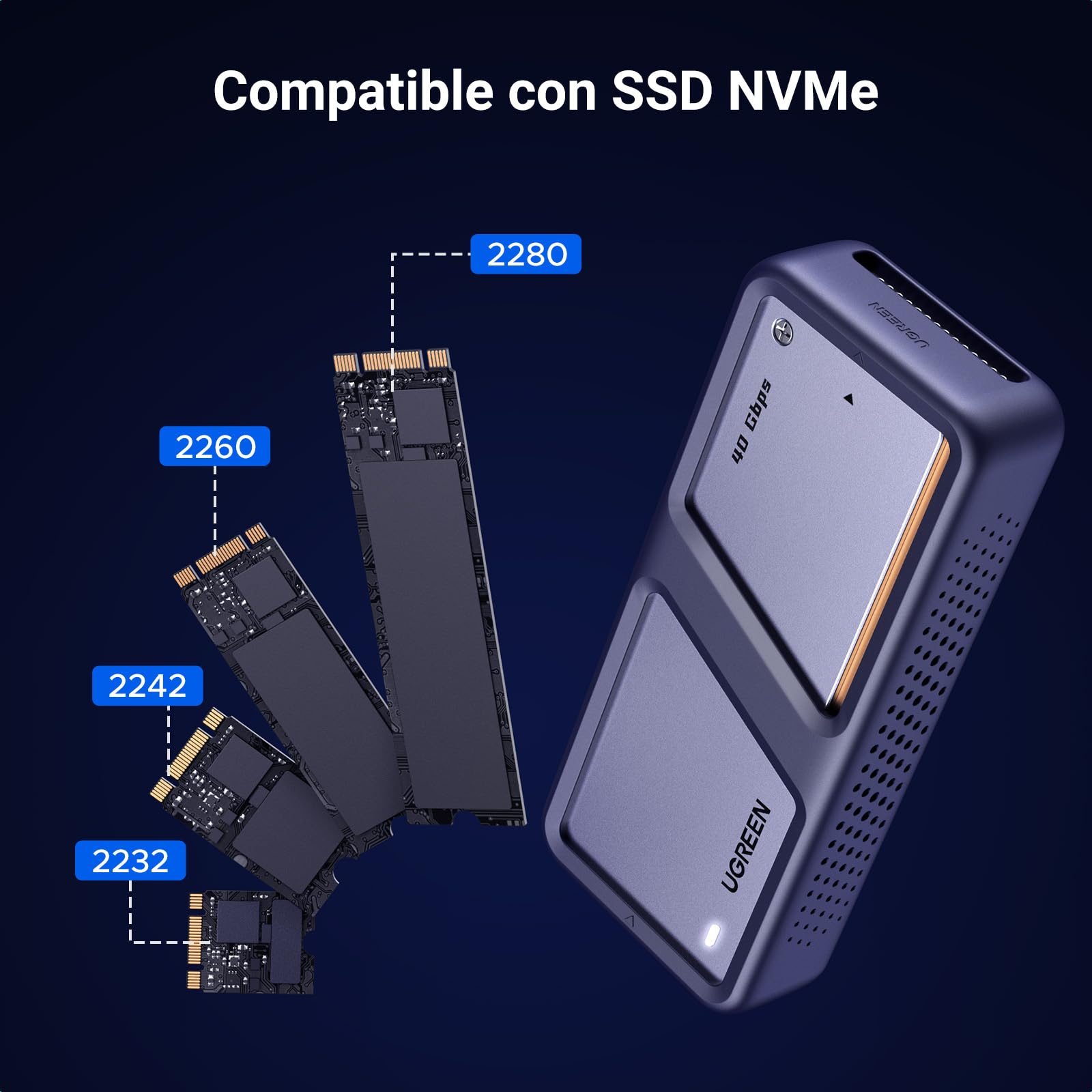 UGREEN Caja SSD M.2 NVMe 40Gbps, Carcasa M.2 PCIe UASP Trim USB 4.0 de 2230/2242/2260/2280 con M-Key o M+B Key Compatible con 970 EVO Plus 980 Pro WD SN770 Kingston