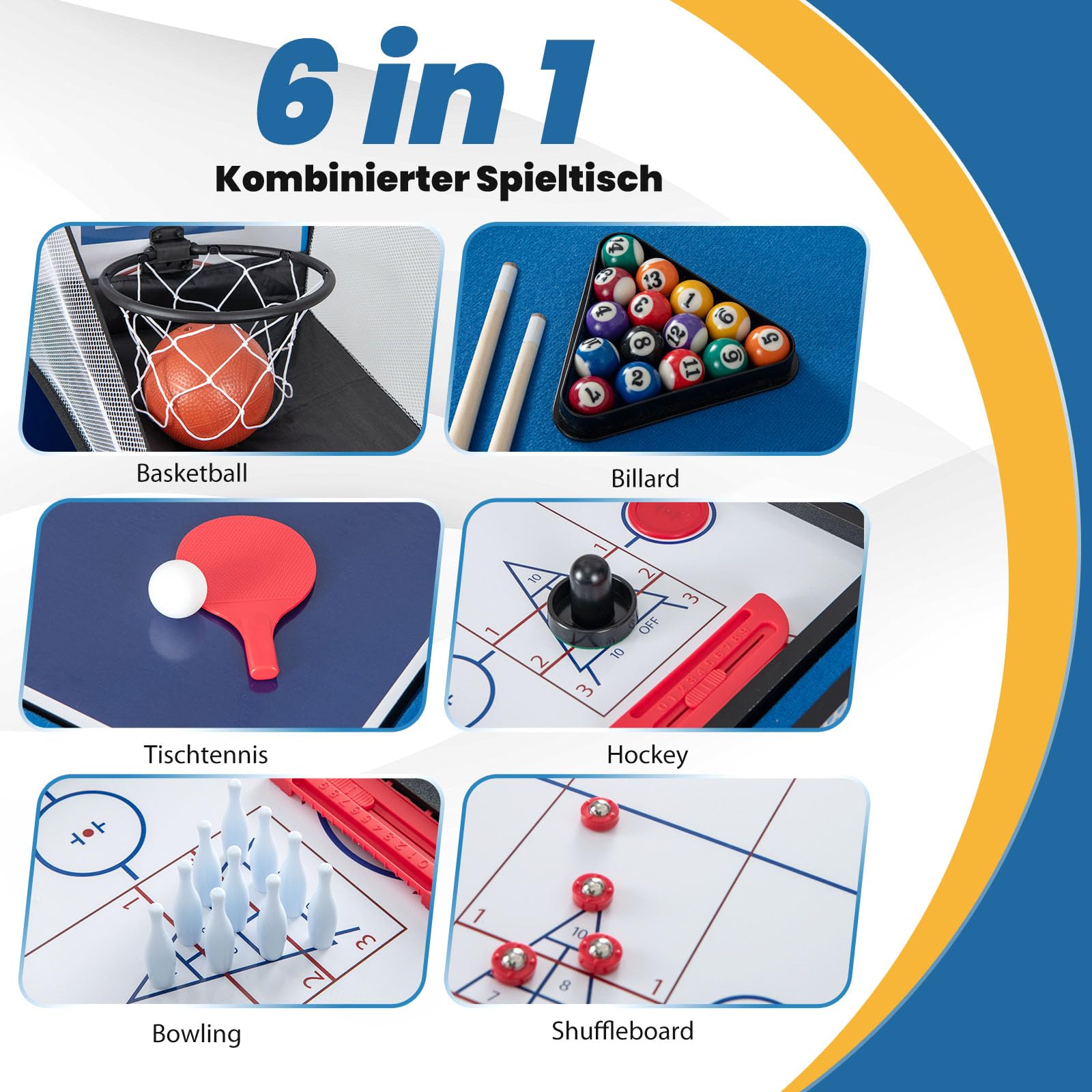 GOPLUS 6 in 1 Kombi Spieltisch, Multigame kickertisch mit Basketball, Billard, Pingpong, Hockey, Shuffleboard & Bowling für Zuhause, Kneipe & Büros, Sportspiel-Set für Kinder und Erwachsene