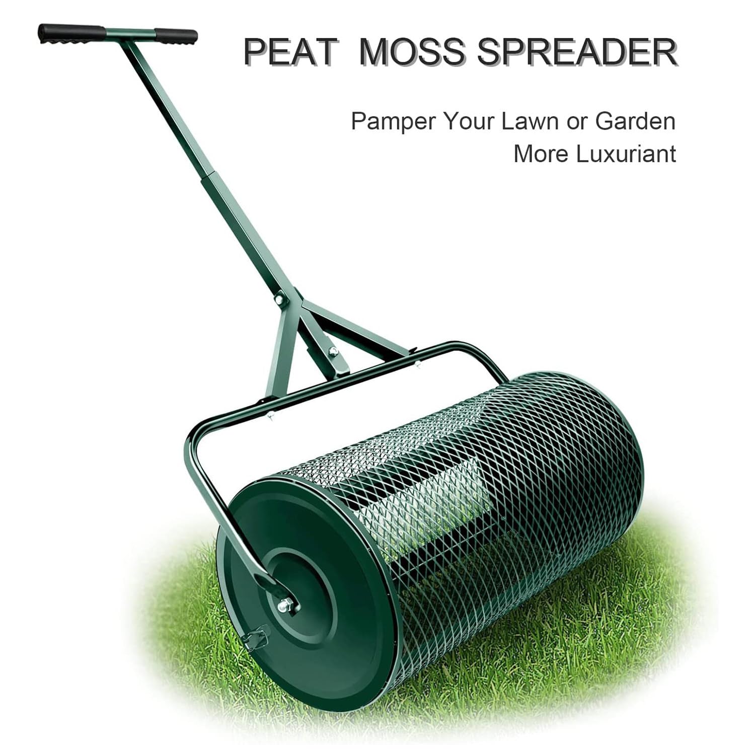 Esparcidor de turba, esparcidor de abono de 24”, esparcidor de turba, esparcidor de abono para césped y jardín con Mango Ajustable en Forma de T para Plantar y sembrar, Verde