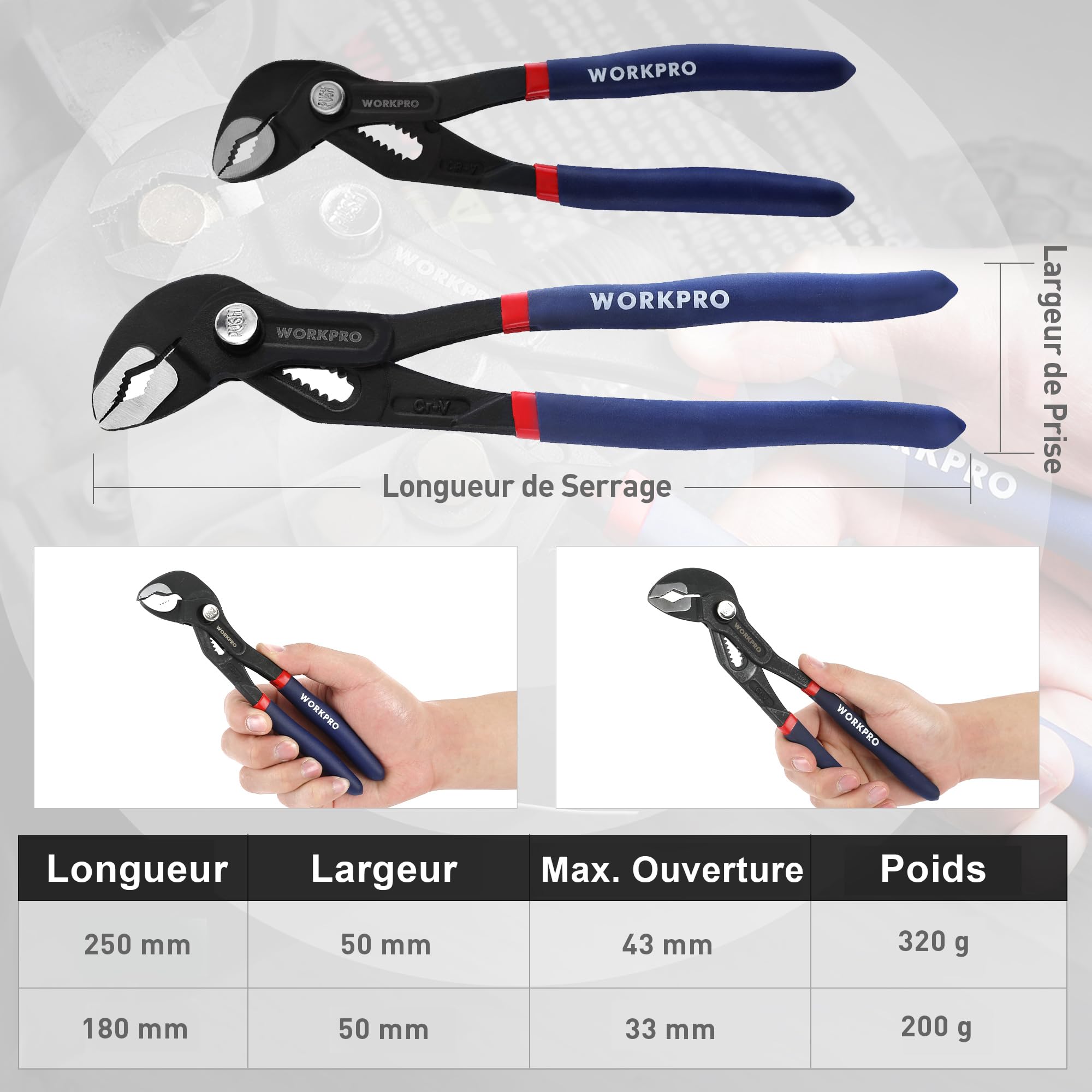 WORKPRO Lot de 2 pinces pour pompe à eau de 180 mm et 250 mm, poignées de tuyau réglables rapides, ensemble de pinces à joint coulissant avec grande capacité de mâchoire et poignée antidérapante