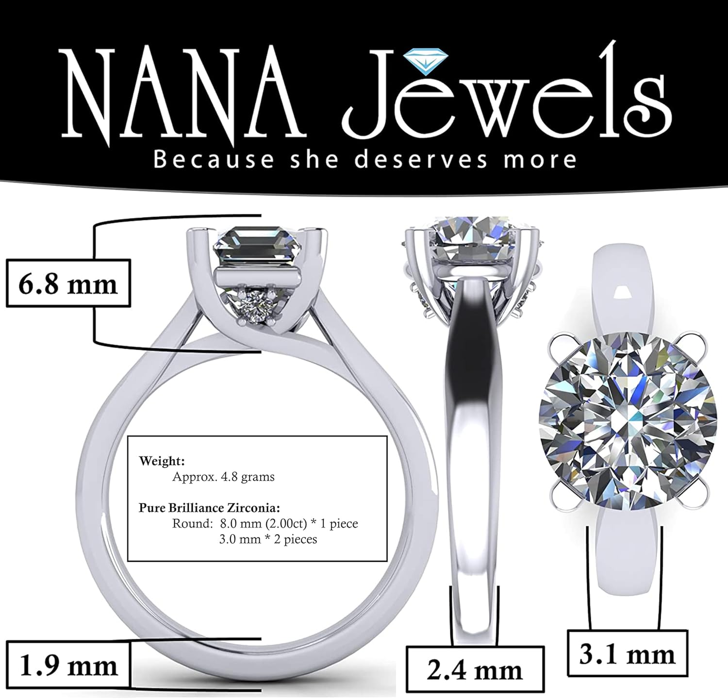NANA Jewels 1to4ct Simulated Diamond Engagement ring Round-Princess-Cushion-Asscher Solitaire Lucita Cz & Silver - Image 2