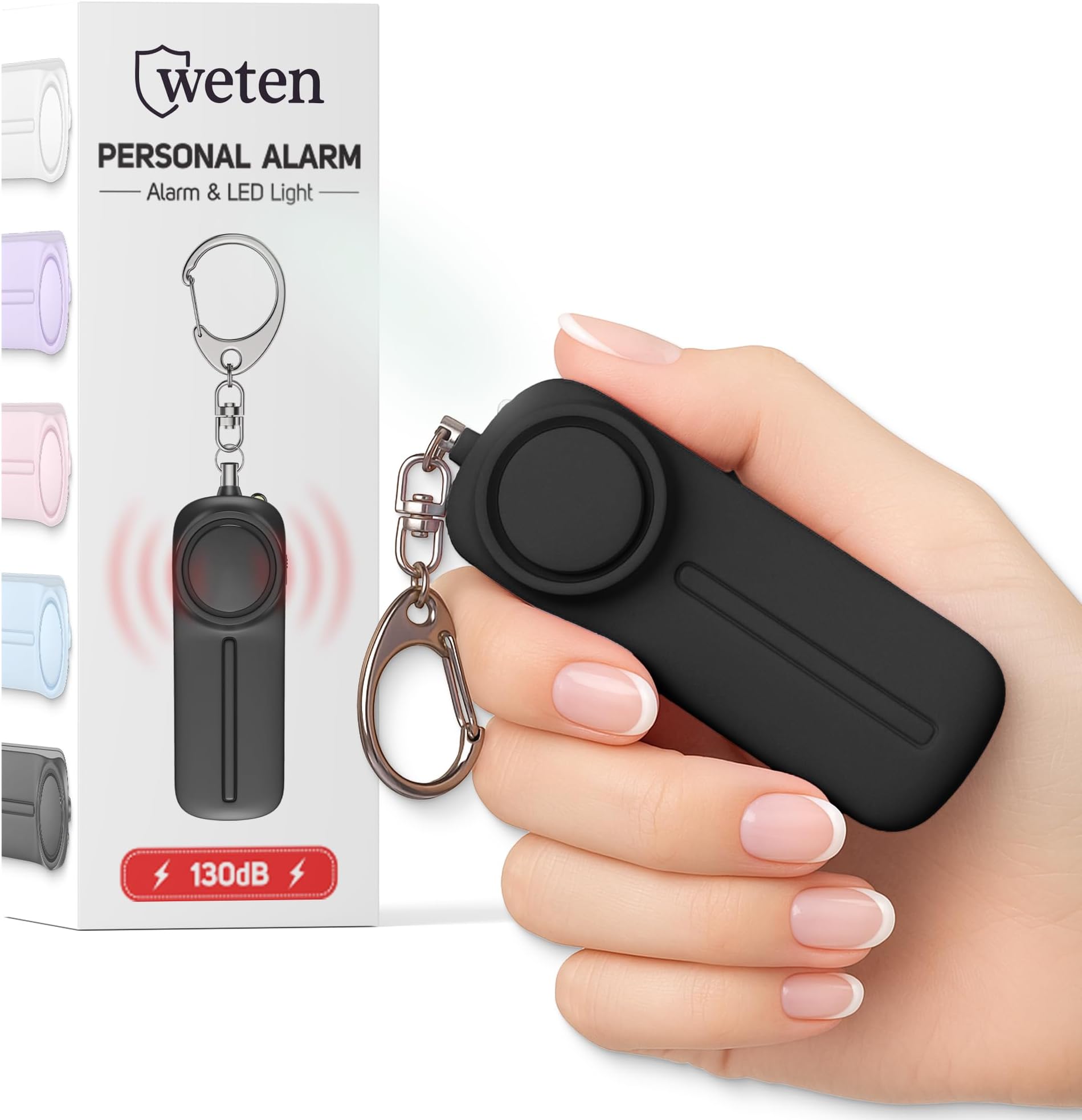 Emergency Personal Alarm Keychain – 130 dB Loud Siren Device with LED Light to Increase Safety – SOS Alert Self Defense Key Chain for Women, Men, Children, Elderly, and Joggers by WETEN, Black