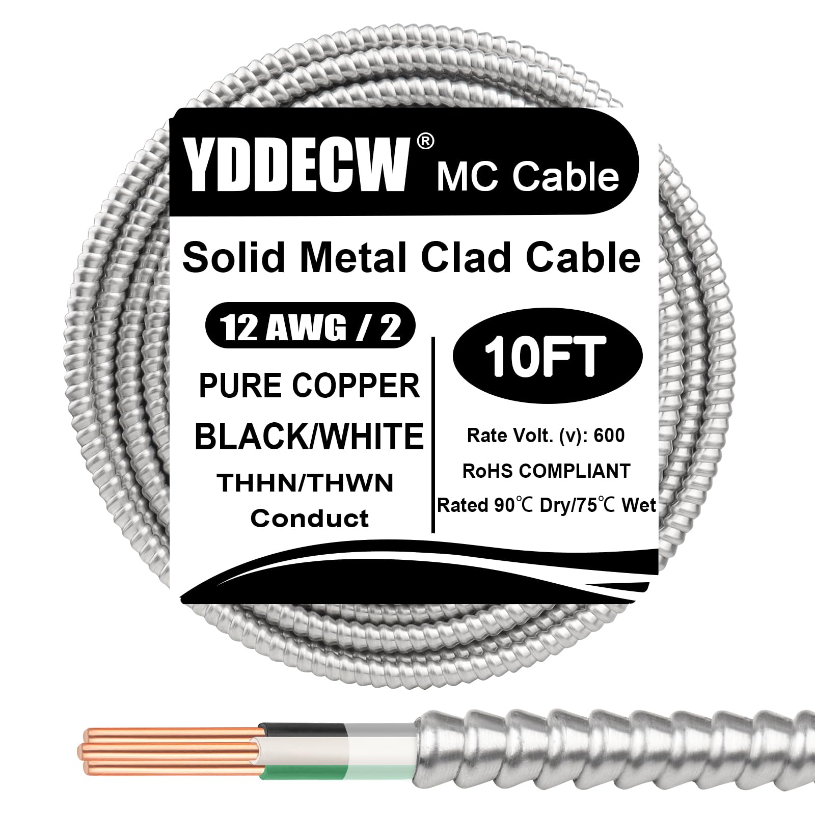 10ft 12/2 Metal Clad (MC) Cable with Ground, 12 Gauge Electric Wire with Aluminum Armor, Solid Bare Copper Conductors for Indoor Outdoor Underground