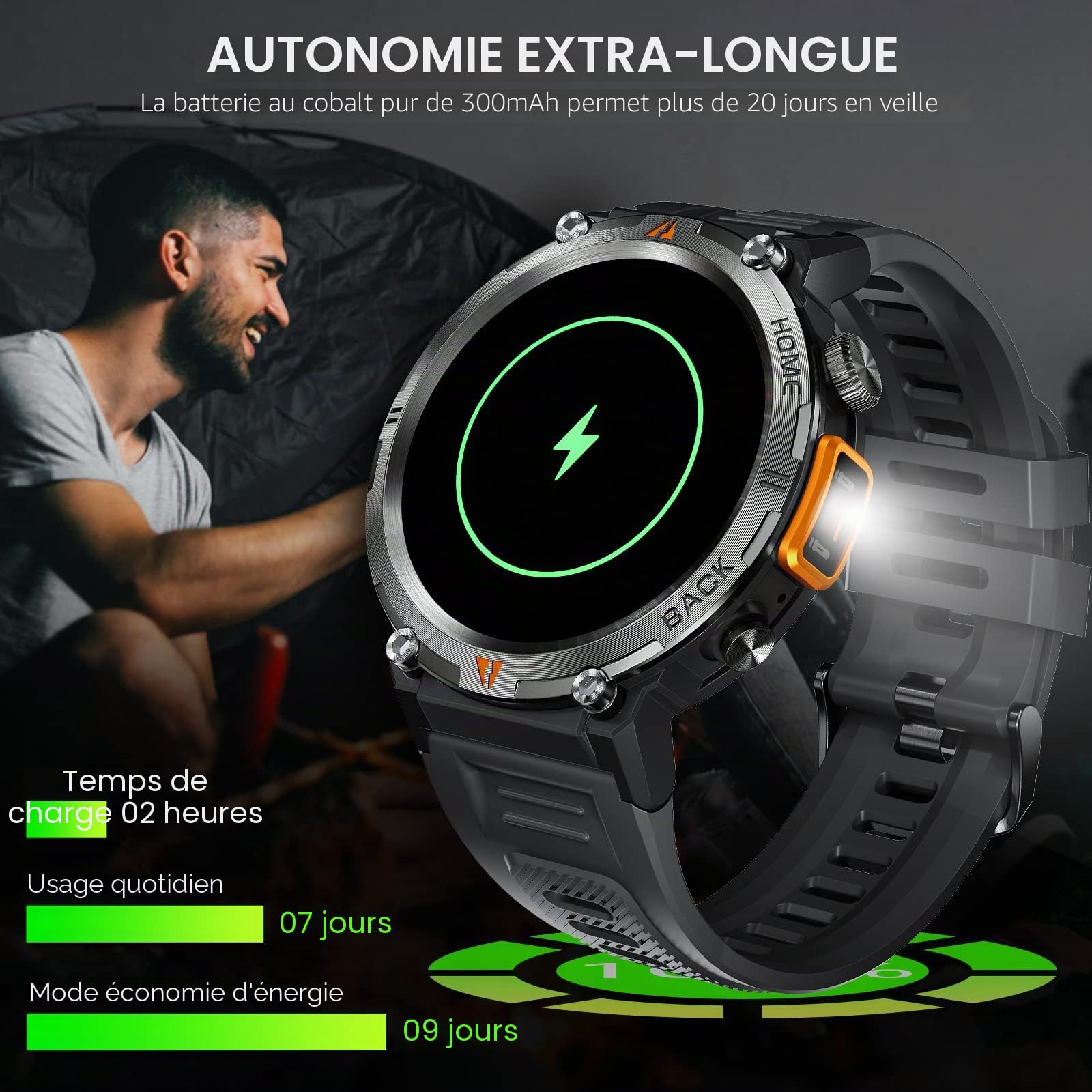 Montre Connectée Homme avec Appels Bluetooth, 1,45" Militaire Smartwatch | 3ATM Étanche avec Torche LED, Montre Fitness avec Fréquence Cardiaque SpO2 Surveillance 110+ Modes Sportifs pour Android iOS