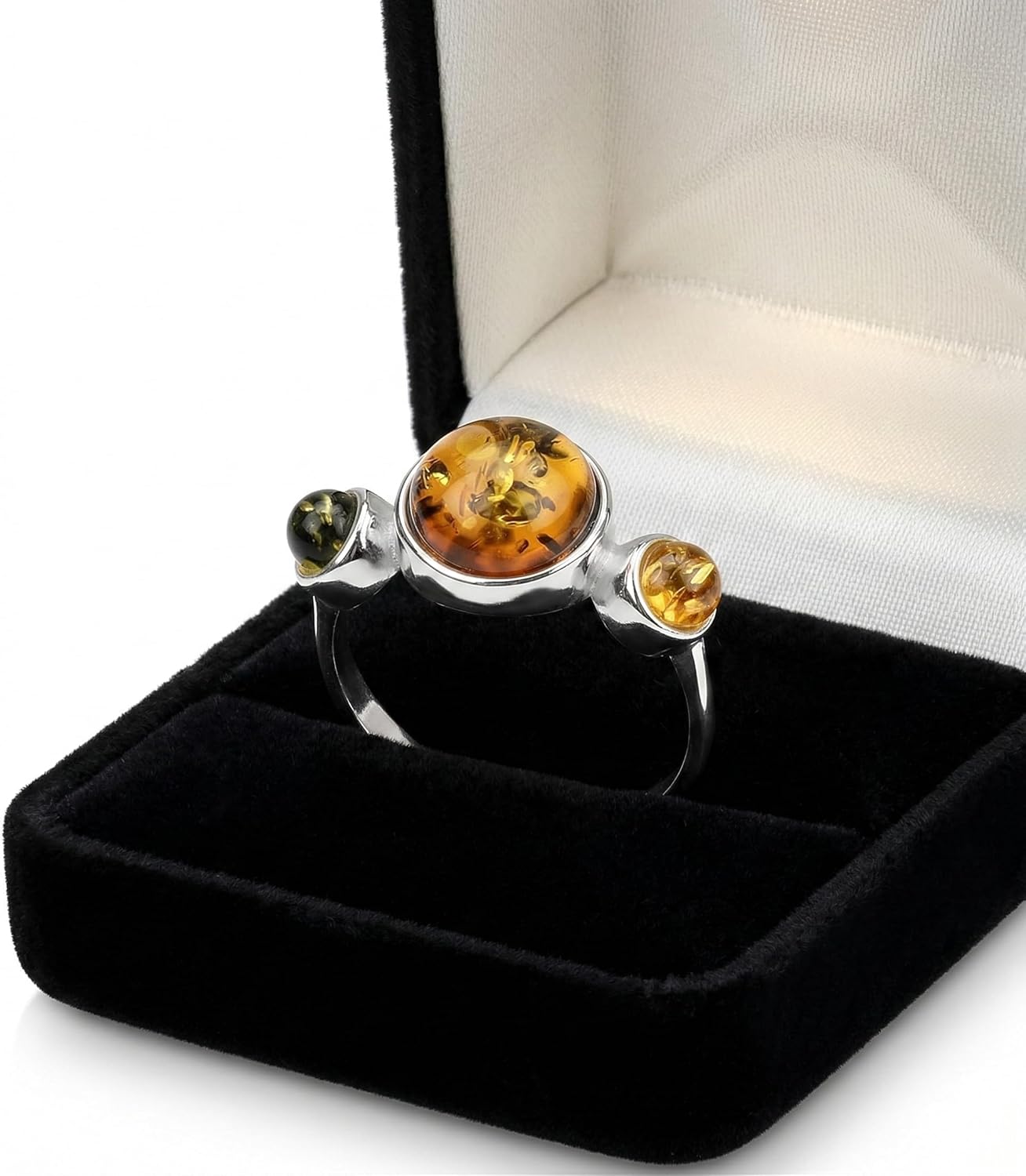 JUS 925 Sterling Silver Amber Ring for Women Natural Baltic Amber Three Stone Ring – Handmade Statement Jewelry