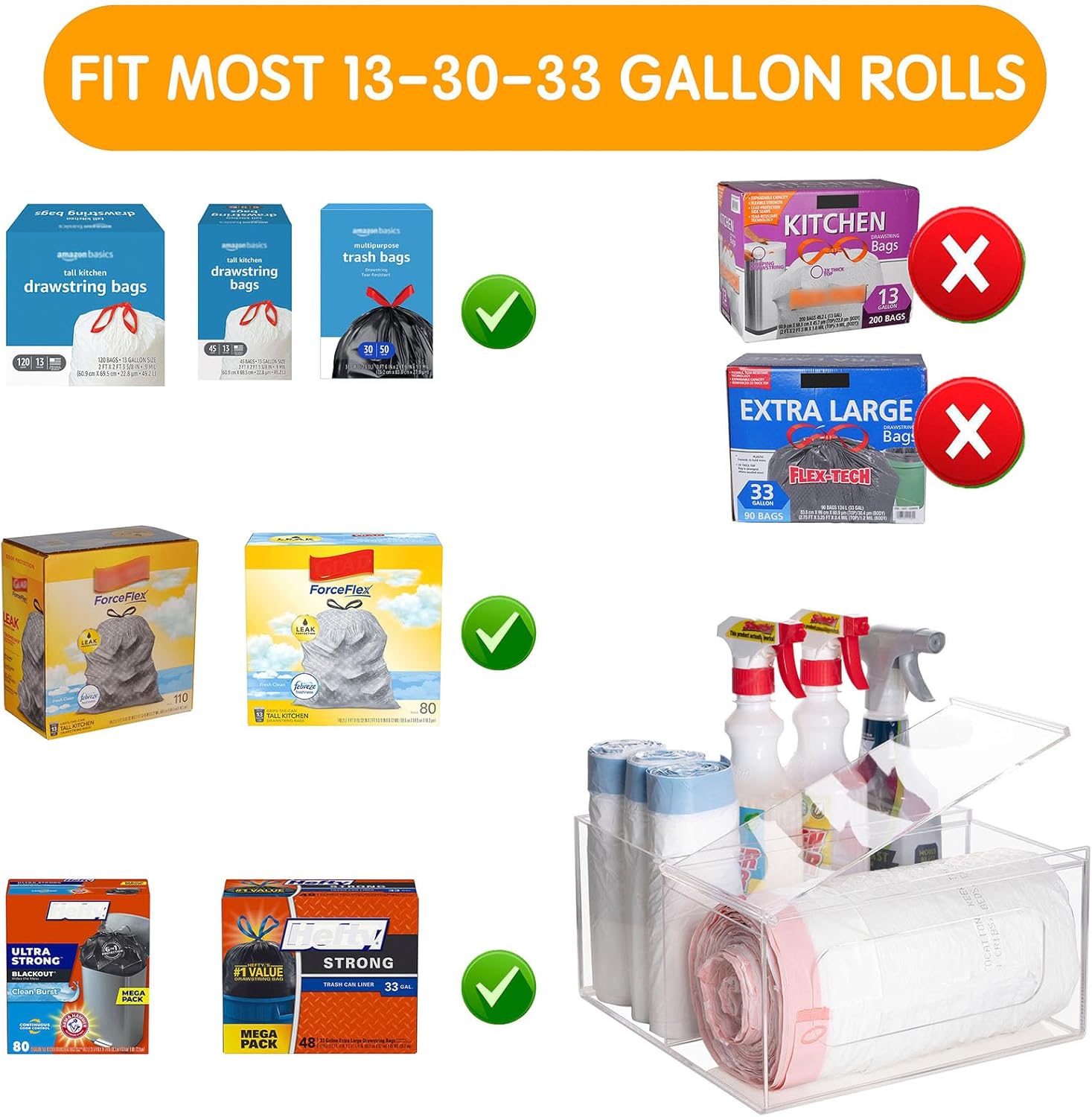 SEANADO Trash Bag Dispenser, 2 in 1 Acrylic Kitchen Organizers and Storage Under Sink Storage Box, Large Bag Container with Lid for 13 30 33 Gallon Garbage Bag