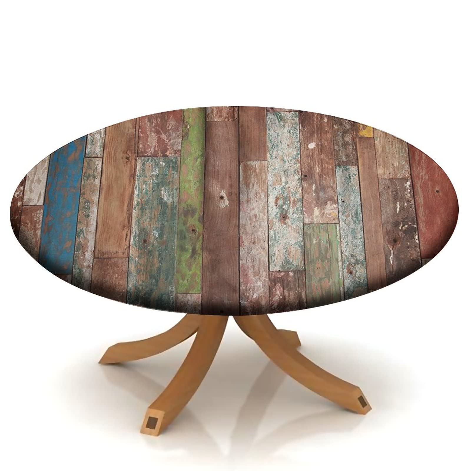 SongYi Wooden Fitted Round Tablecloth, Elastic Edge Waterproof Table Cloth for Outdoor Indoor Party, Washable Wipeable Fabric Table Cover for 48