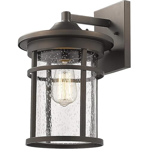 Bestshared Outdoor Wall Mount Light Fixture, 1-Light Wall Sconce Mounted Light, Exterior Wall Lantern with Seeded Glass Shade (Oil Rubbed Bronze, 14" Height)