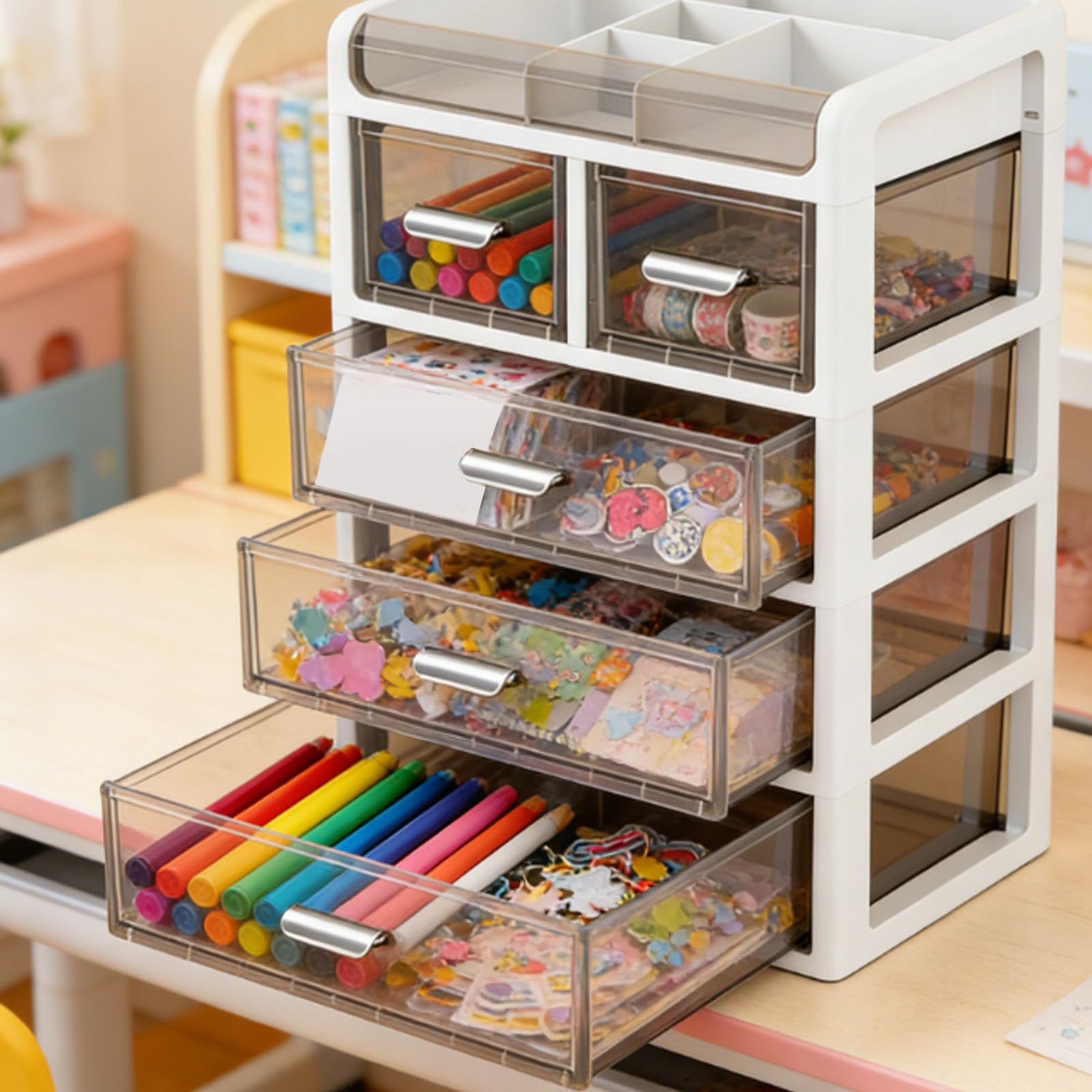 Tnfeeon Scatola Portaoggetti da Scrivania a 5 Cassetti, Organizer da Scrivania con Cassetti Trasparenti per Articoli di Cancelleria e Trucchi, 11,8 X 7,9 X 15 Pollici Materiale PP Scorrevoli Lisci