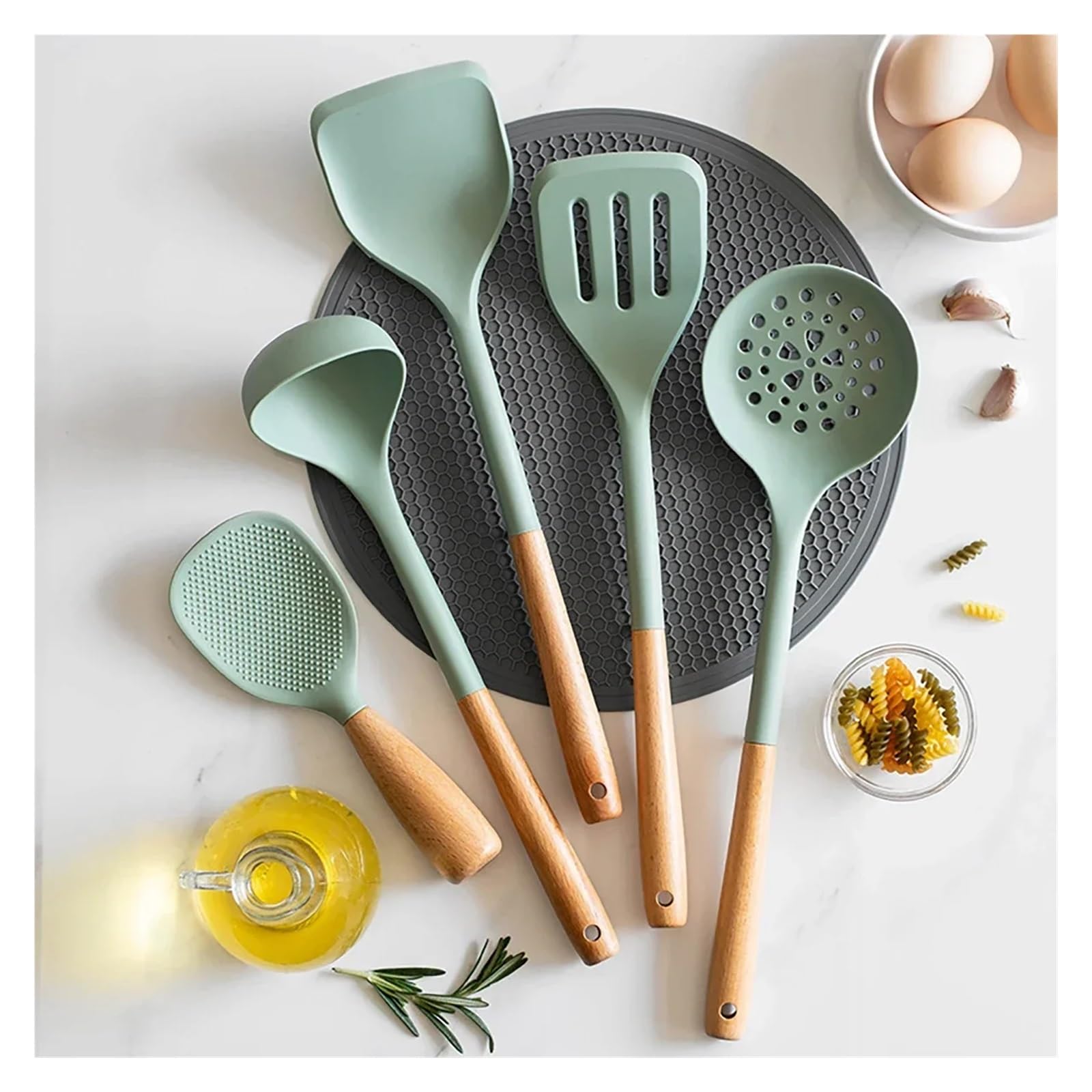 Espátula de silicona, sartén antiadherente, mango madera, cuchara cocina resistente al calor for verduras, herramienta(Grey 6 sets)