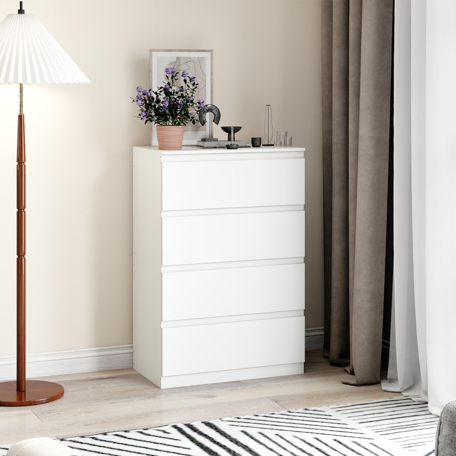 Kommode mit 4 Schubladen,Sideboard,Nachttisch,Beistelltisch,Modern Schmale Komode Weiß MDF Holz für Schlafzimmer Wohnzimmer Kinderzimmer Flur Badezimmer und Büro,60 x 40 x 98 cm