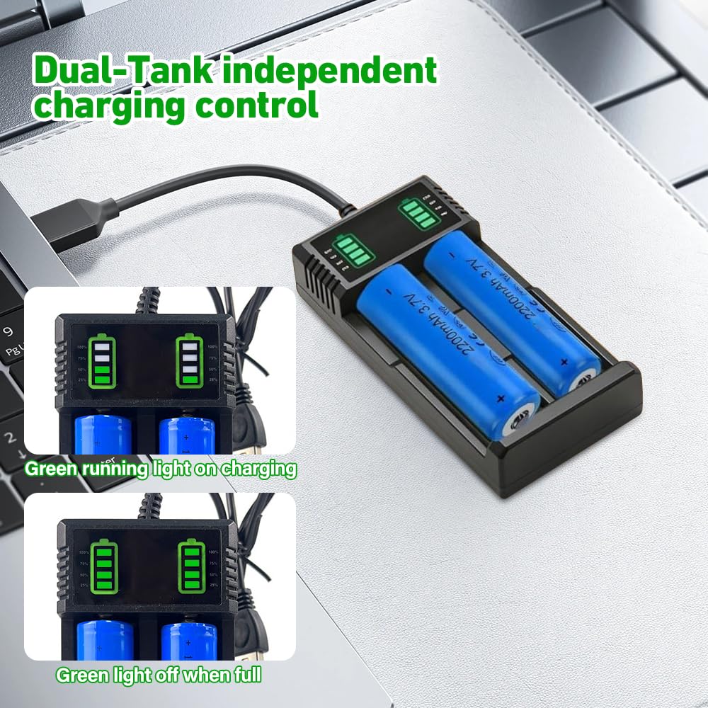 2PCS Piles Rechargeables 3.7V, 2200 MAh | Button-Top Batterie NiMH 2 Slots Chargeur, Batteries Rechargeables pour Lampe Frontale LED,Télécommande,Voiture Télécommandée