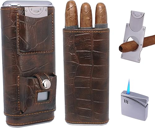 Luxury 3 Holder Classy Black Brown Crocodile Pattern Leather Cigar Humidor Case Set with Lighter and Cutter - Great Cigar Gift Kit for men