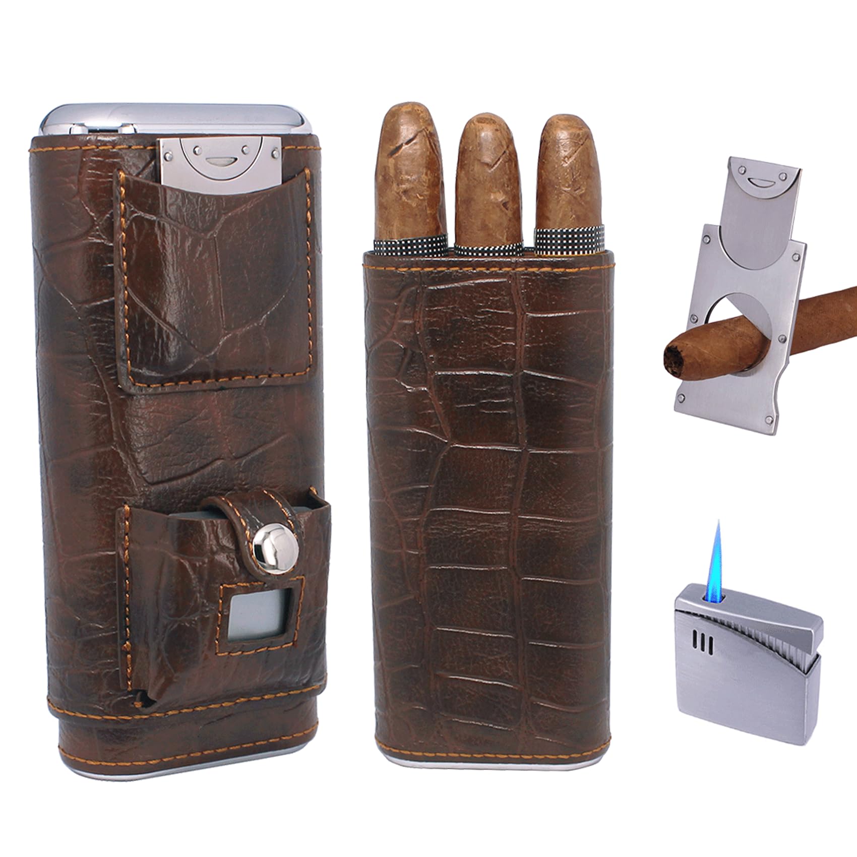 AMANCY Luxury 3 Holder Classy Black Brown Crocodile Pattern Leather Cigar Humidor Case Set with Lighter and Cutter - Great Cigar Gift Kit for men