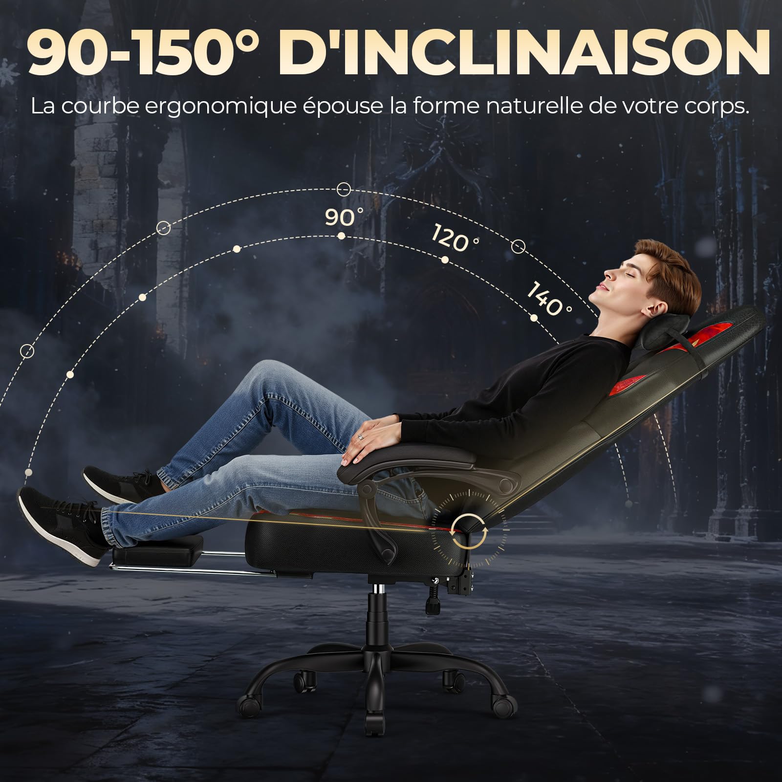 GTPLAYER Chaise Gaming avec Repose-Pieds, réglable en Hauteur, accoudoirs réglables, Repose-Pieds intégré, Fauteuil Gaming pour jusqu'à 200 kg, pivotant à 360°, Rouge.