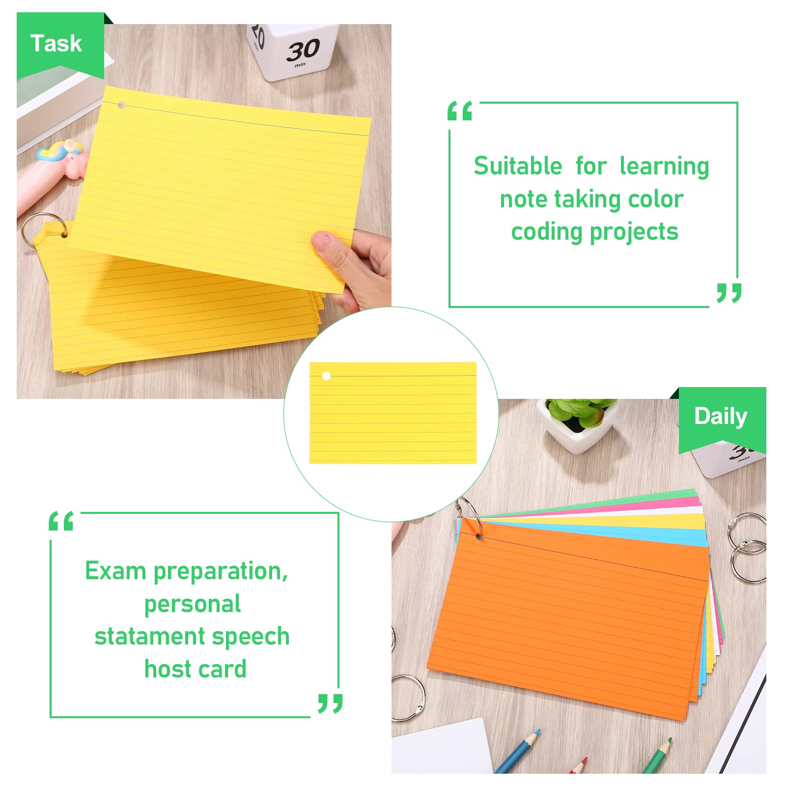 Leelosp 300 tarjetas de índice rayadas de colores con 6 anillos, tarjetas flash de estudio de color neón, tarjetas flash de estudio de un solo agujero, tarjetas de estudio de un lado para suministros