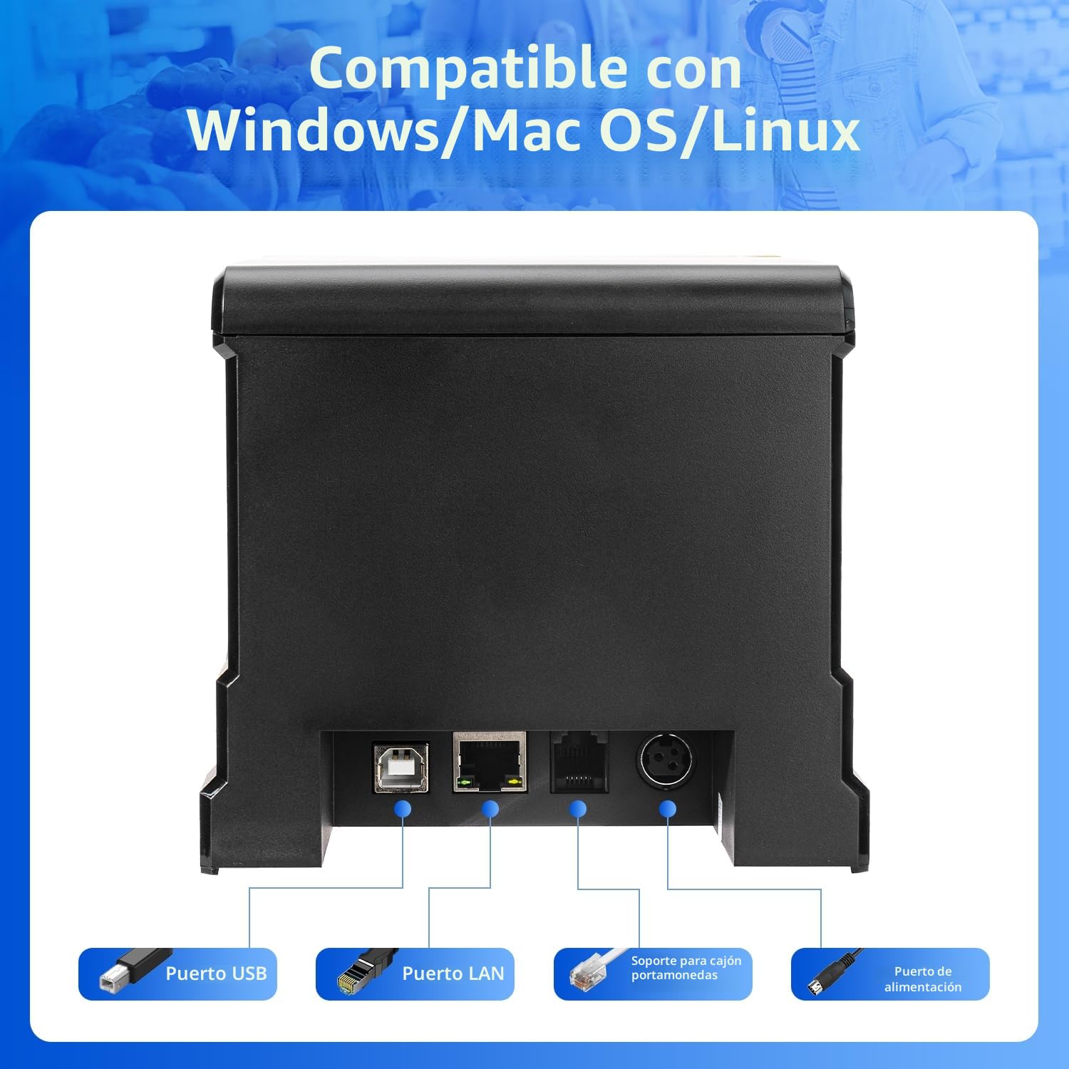 NetumScan Impresora de Recibos POS 80mm Impresora térmica de Recibos USB 300mm/s con Corte automático, cajón, Interfaz USB Ethernet, Soporte Windows/Mac/Linux