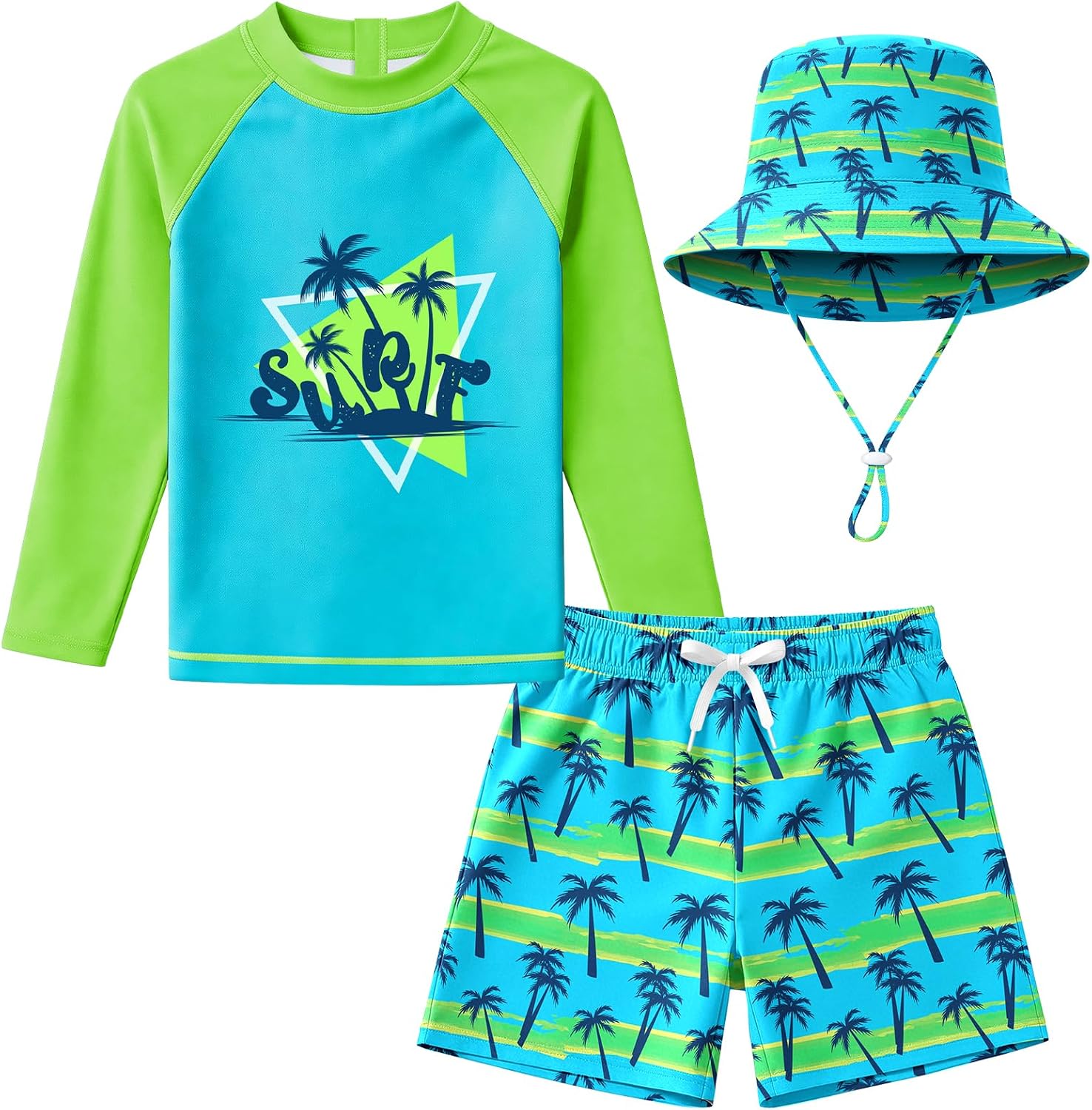 Baby Boys Toddler Long Sleeve Rashguard and Swim Trunks, 3 Piece Swimsuit with Sun Hat Bathing Suit Swimwear for Beach Pool