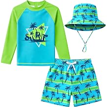 Baby Boys Toddler Long Sleeve Rashguard and Swim Trunks, 3 Piece Swimsuit with Sun Hat Bathing Suit Swimwear for Beach Pool